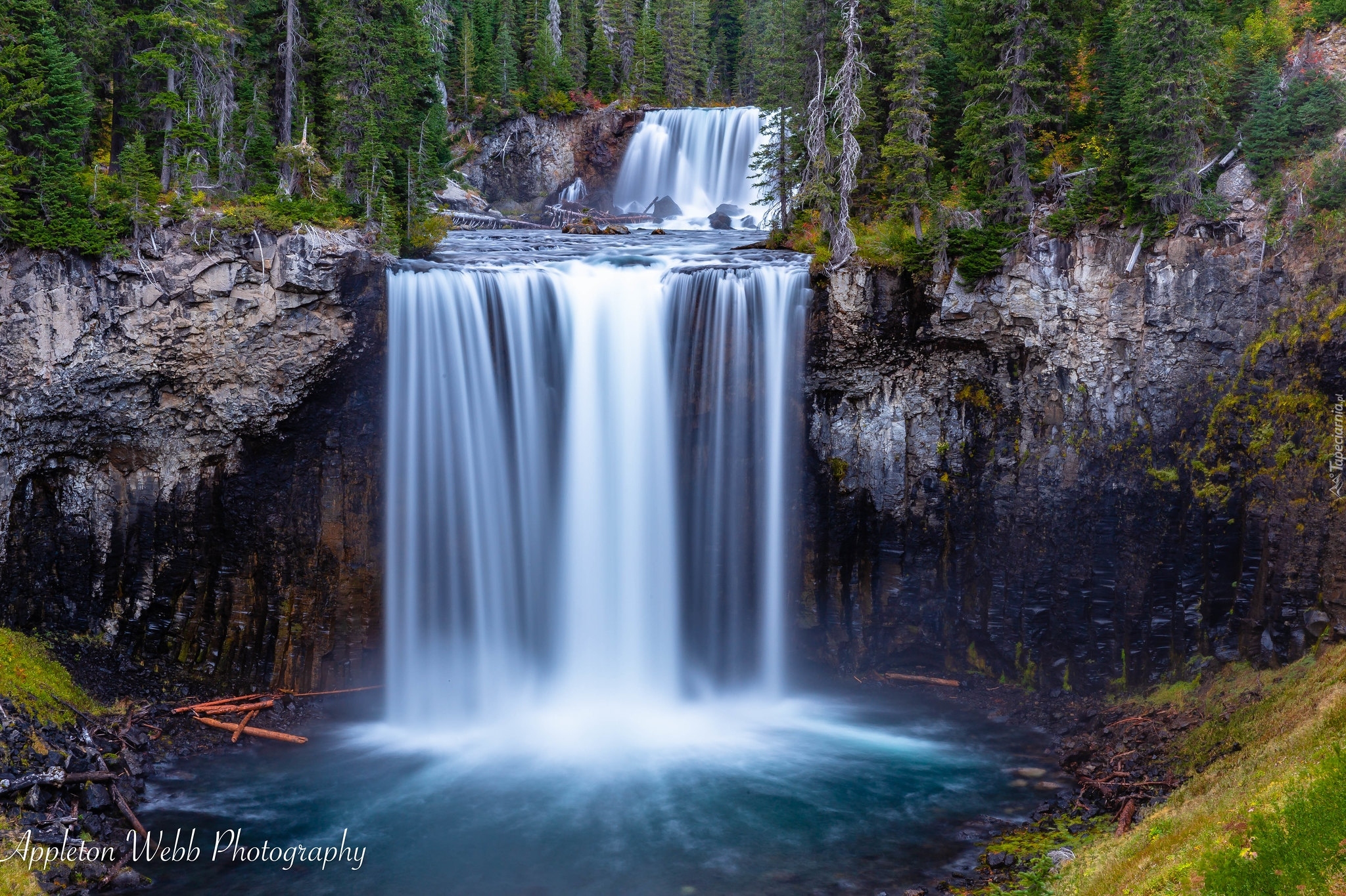 Wodospad Colonnade Falls, Rzeka Bechler River, Skały, Las, Drzewa, Park Narodowy Yellowstone, Stan Wyoming, Stany Zjednoczone