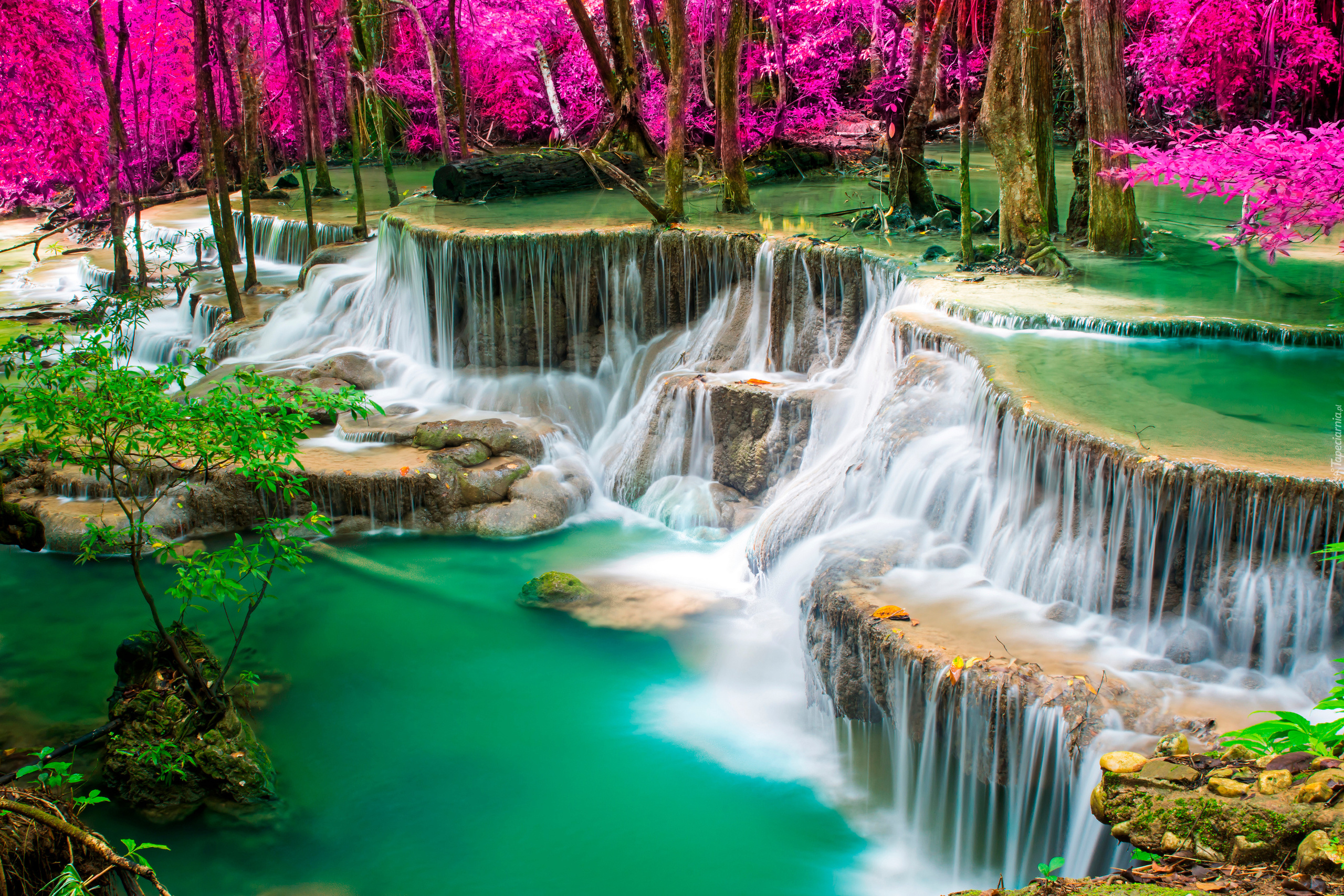 Wodospad Erawan, Kaskada, Kolorowe, Drzewa, Park Narodowy Erawan, Prowincja Kanchanaburi, Tajlandia