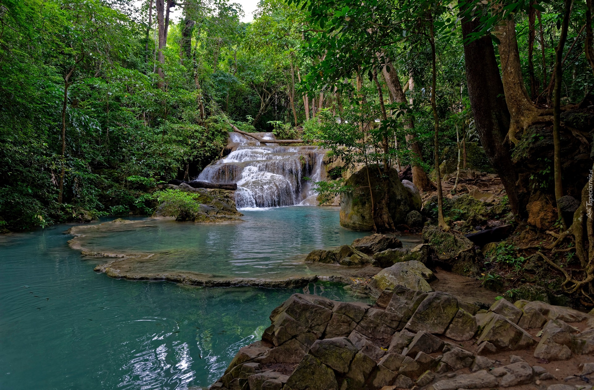 Kaskada, Wodospad Erawan, Drzewa, Las, Park Narodowy Erawan, Prowincja Kanchanaburi, Tajlandia