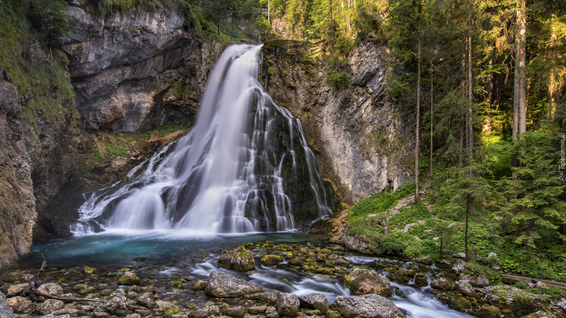 Wodospad Gollinger Waterfall, Rzeka, Kamienie, Skały, Las, Drzewa, Roślinność, Salzburg, Miejscowość Golling, Austria