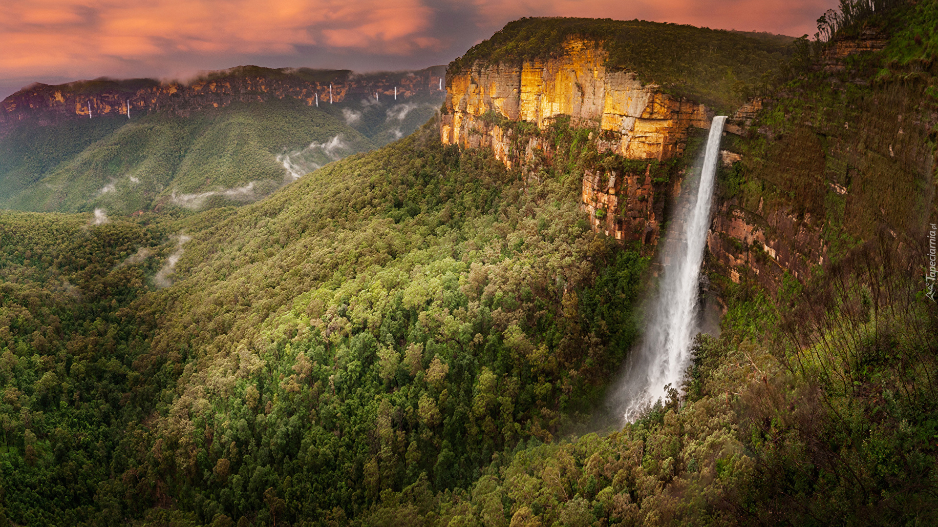 Skały, Góry Błękitne, Lasy, Drzewa, Wodospad, Govets Leap Falls, Zachód słońca, Australia