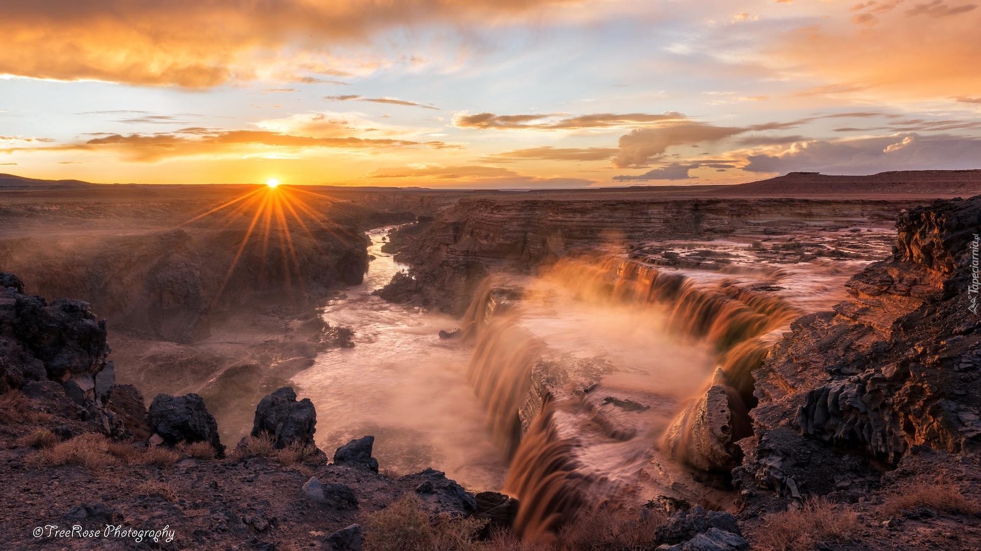 Wodospad, Grand Falls, Zachód słońca, Skały, Rzeka, Little Colorado River, Arizona, Stany Zjednoczone