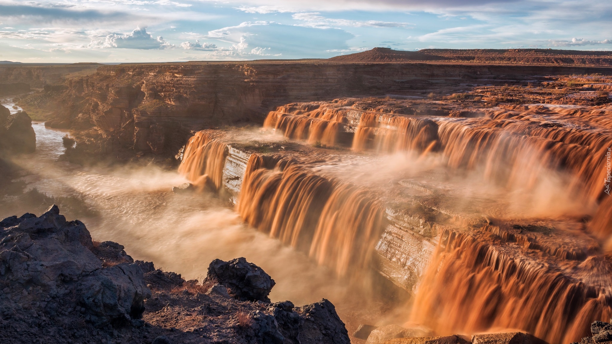Wodospad, Grand Falls, Skały, Rzeka, Little Colorado River, Zachód słońca, Arizona, Stany Zjednoczone
