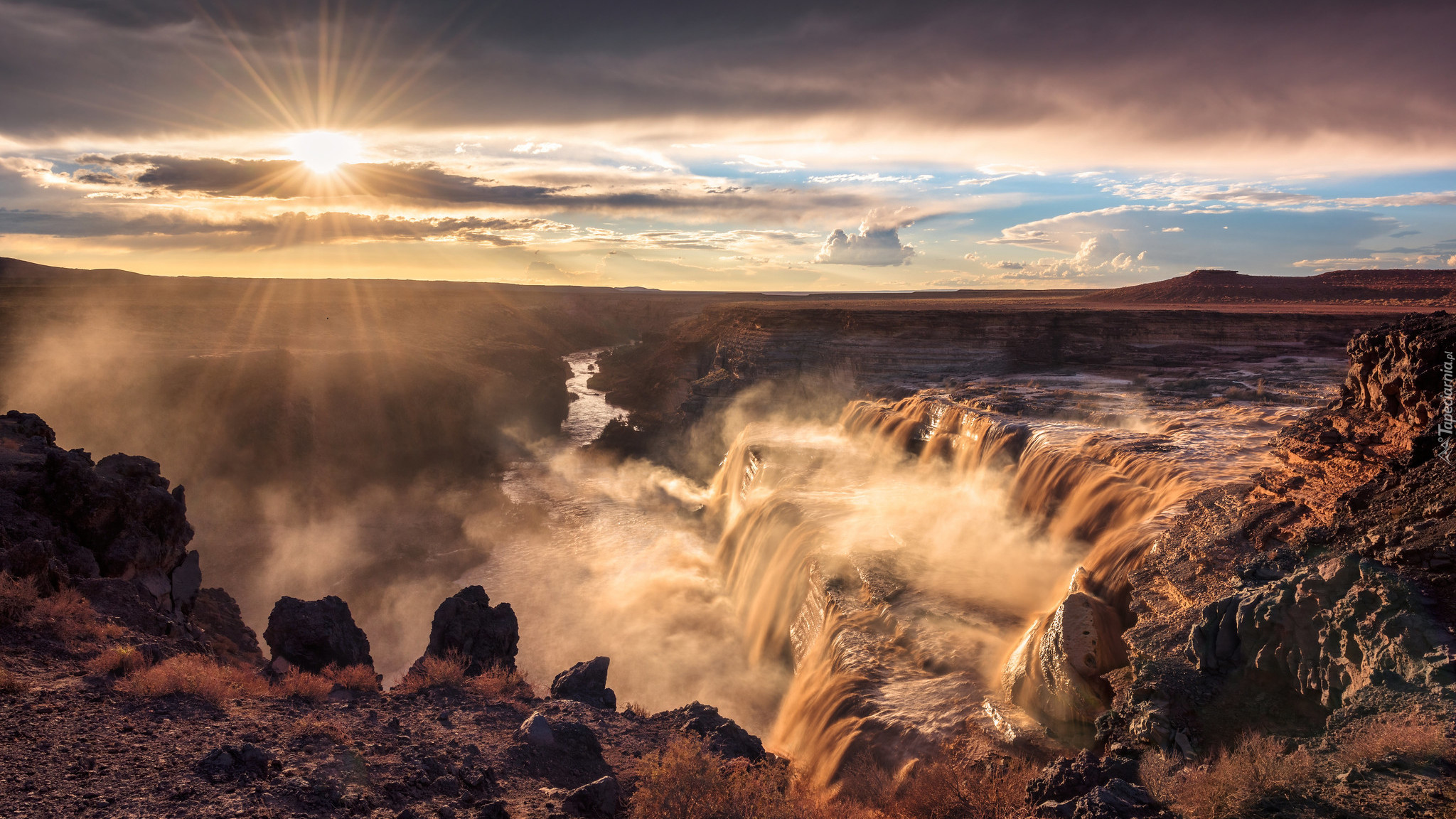 Wodospad, Grand Falls, Słońce, Skały, Rzeka, Little Colorado River, Arizona, Stany Zjednoczone