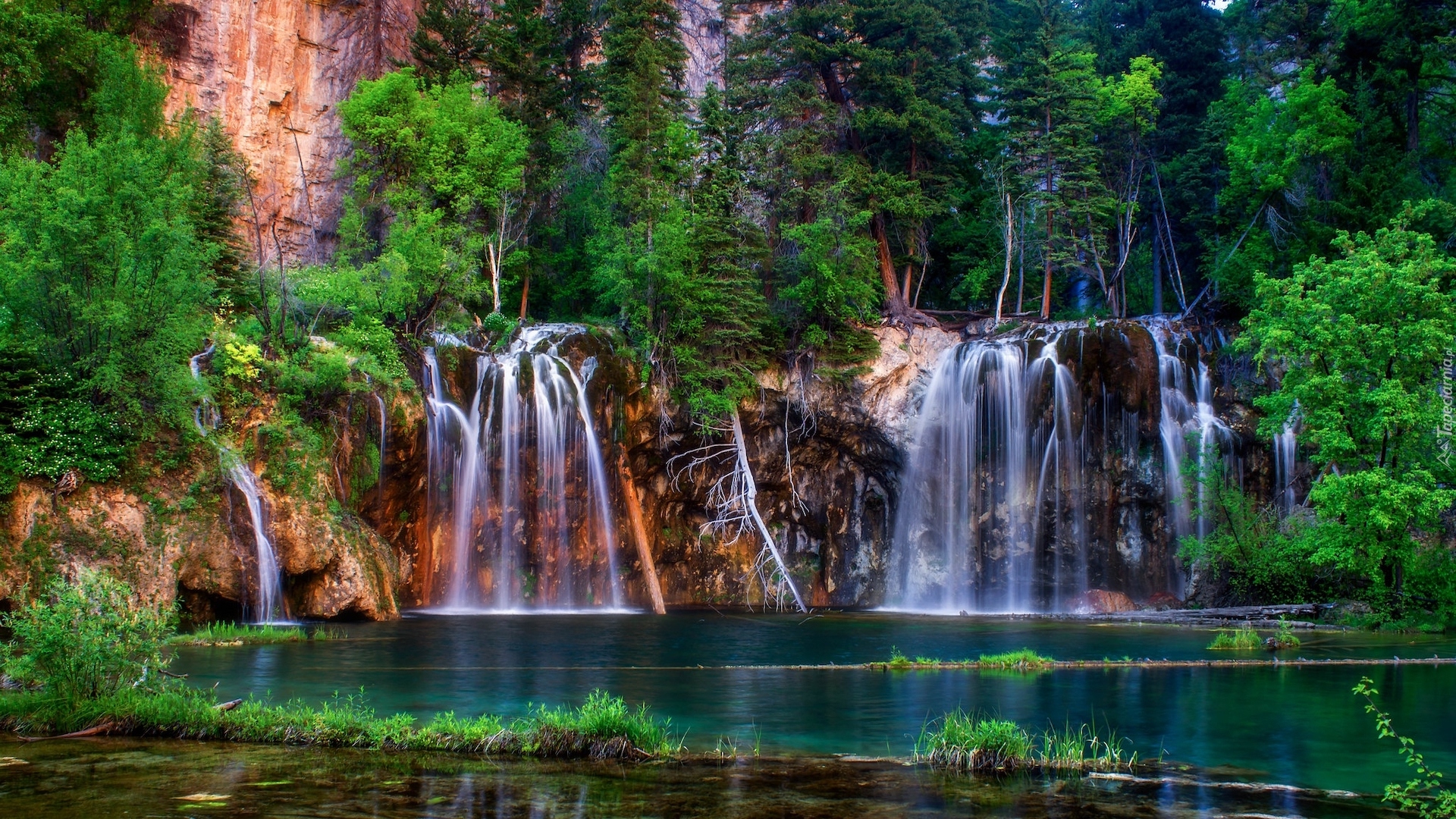 Stany Zjednoczone, Stan Kolorado, Glenwood Canyon, Wodospad, Hanging Lake, Wiszące Jezioro, Rzeka, Drzewa, Skały, Zieleń