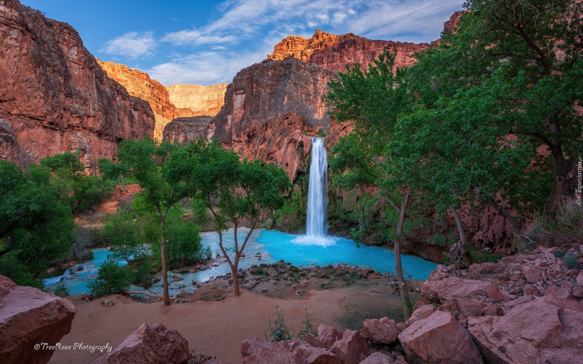 Wodospad, Havasu Falls, Rzeka, Havasu Creek, Góry, Park Narodowy Wielkiego Kanionu, Arizona, Stany Zjednoczone, Kanion, Drzewa, Skały