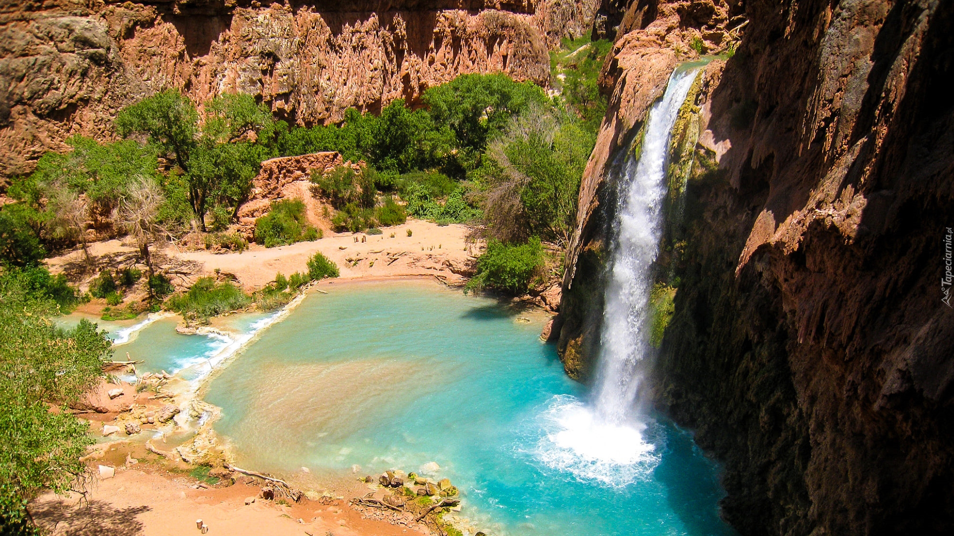 Stany Zjednoczone, Stan Arizona, Wodospad, Havasu Falls, Skały, Drzewa, Rzeka, Havasu Creek, Wielki Kanion Kolorado