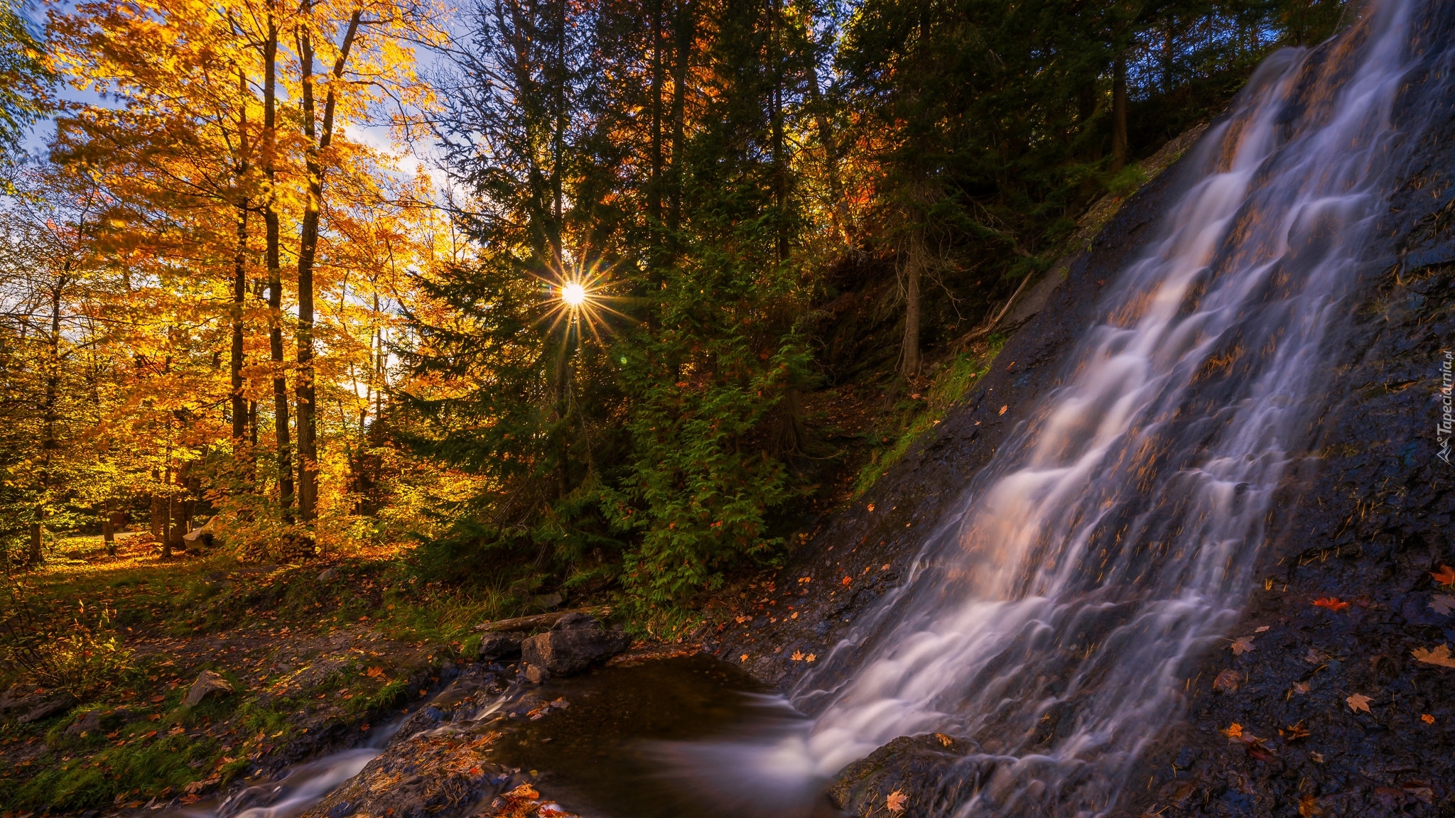 Jesień, Drzewa, Promienie słońca, Wodospad, Haven Falls, Michigan, Stany Zjednoczone