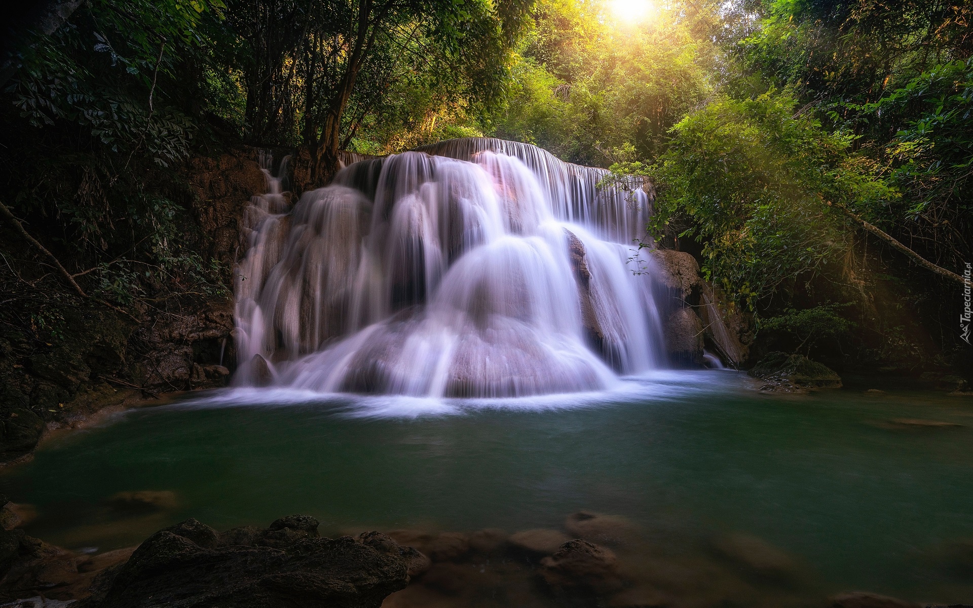 Tajlandia, Prowincja Kanchanaburi, Wodospad, Huay Mae Khamin Waterfall, Rzeka, Khwae Yai, Drzewa, Skały, Kaskada