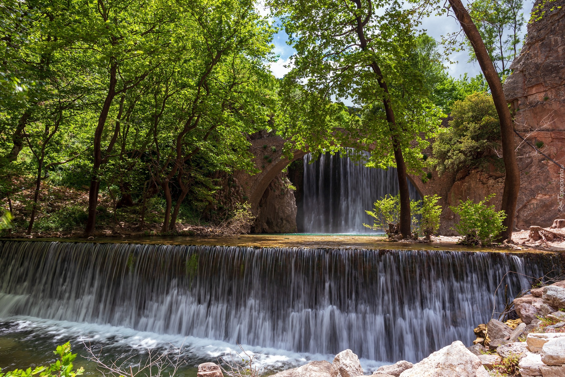 Most, Palaiokarya Bridge, Wodospad, Palaiokarya Waterfall, Drzewa, Próg skalny, Trikala, Grecja