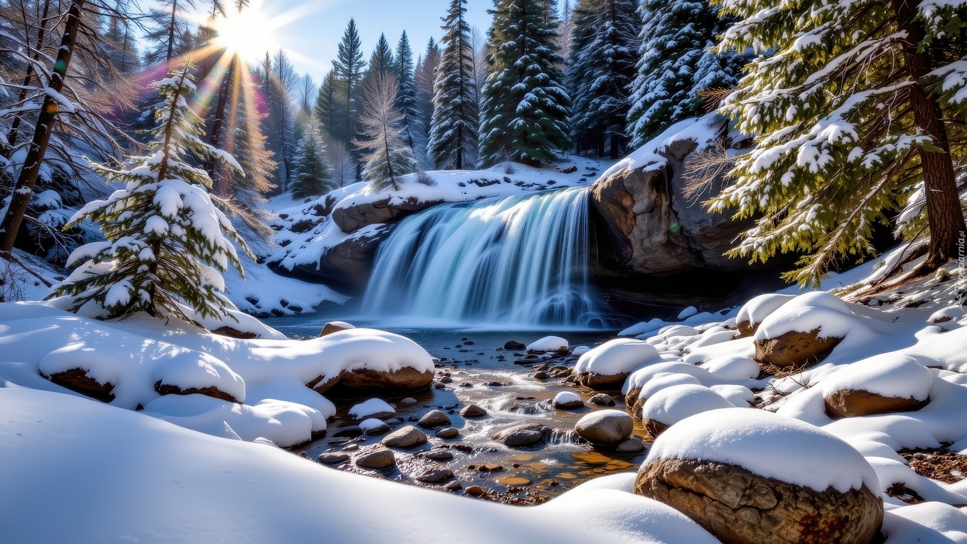Zima, Wodospad, Skały, Śnieg, Ośnieżone, Drzewa, Promienie słońca