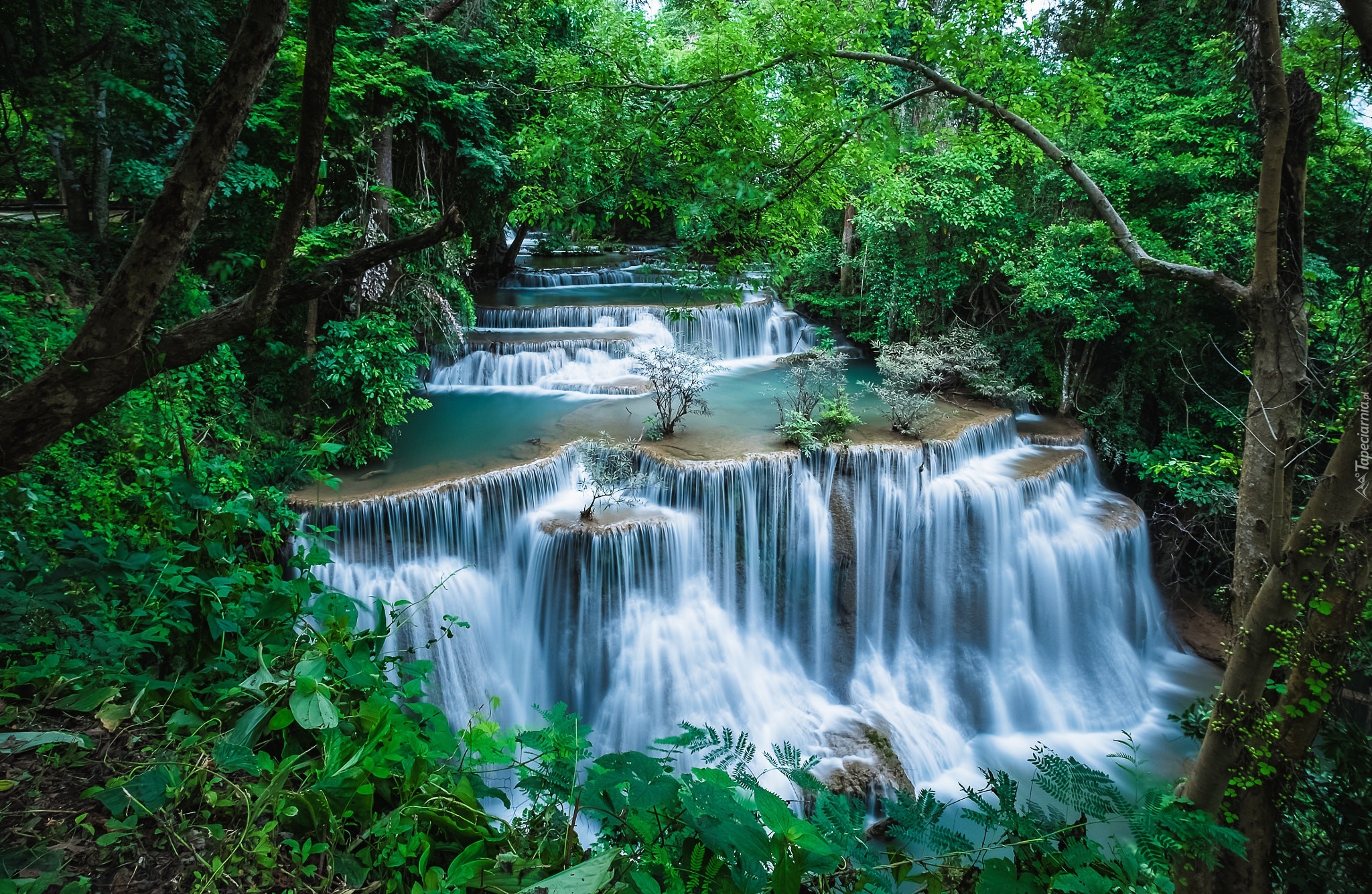 Wodospad Erawan, Kaskada, Drzewa, Park Narodowy Erawan, Prowincja Kanchanaburi, Tajlandia