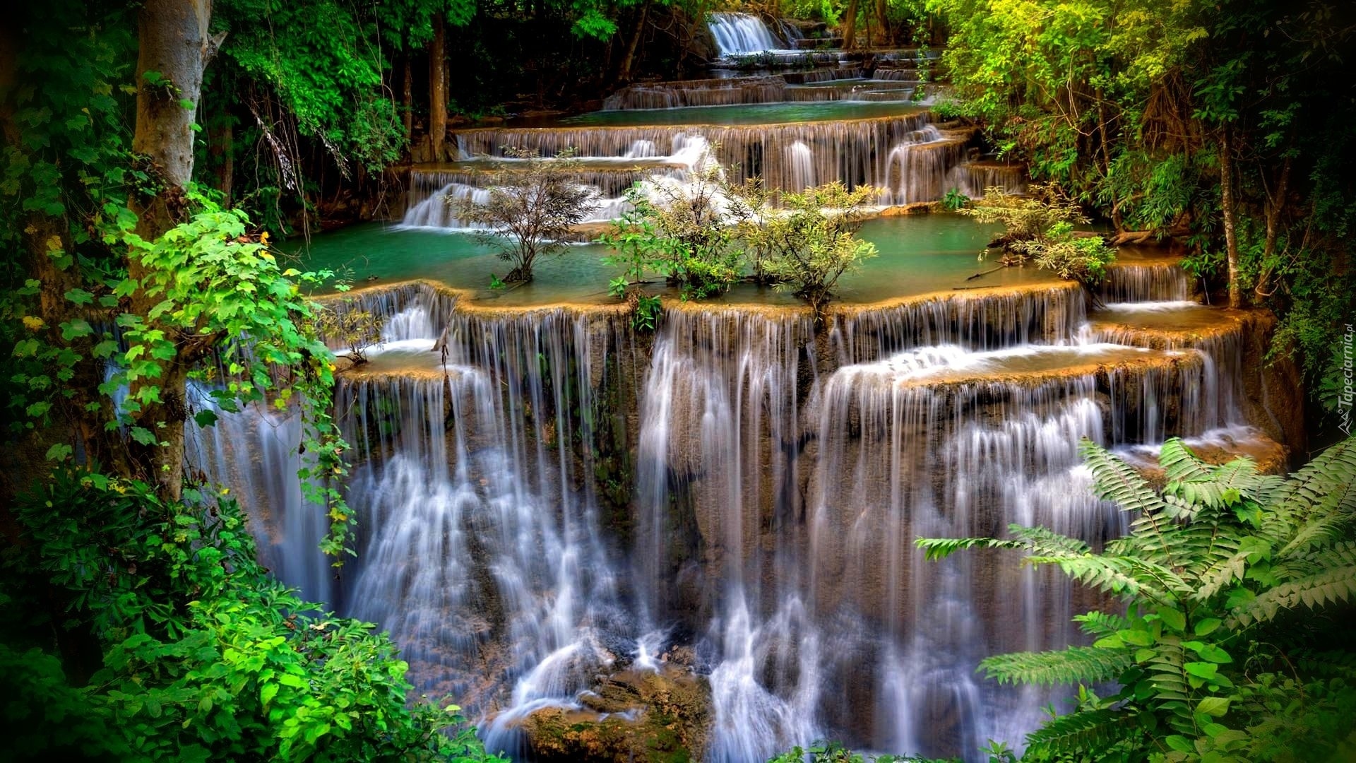 Wodospad Erawan, Kaskada, Drzewa, Park Narodowy Erawan, Kanchanaburi, Tajlandia