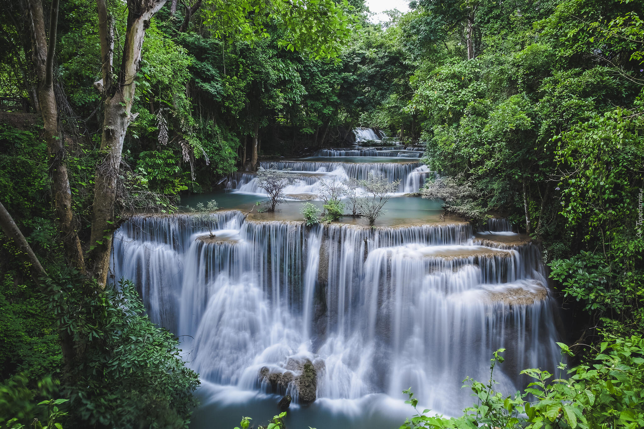 Wodospad, Huai Mae Khamin, Prowincja Kanchanaburi, Las, Drzewa, Zieleń, Tajlandia