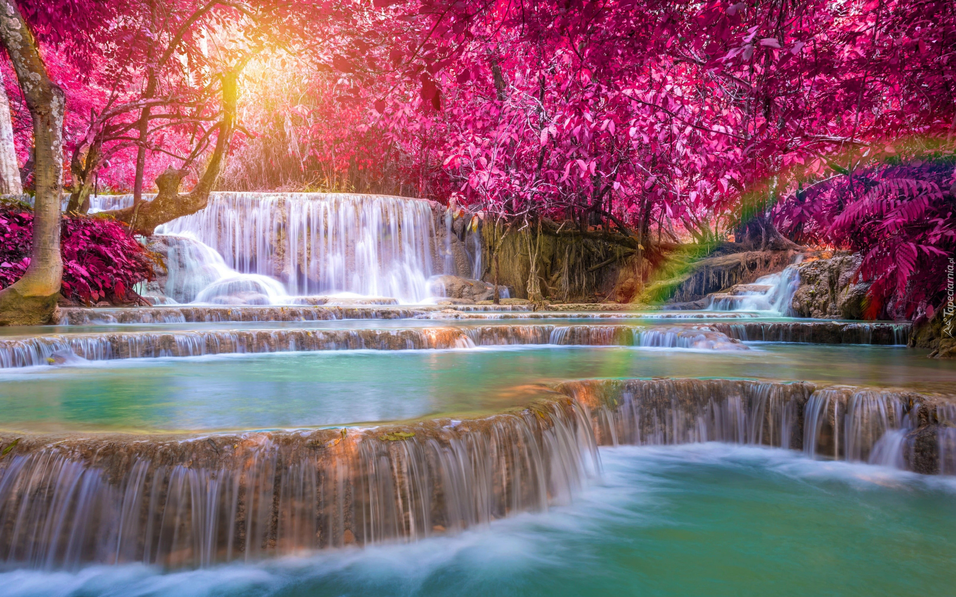 Laos, Prowincja Louangphrabang, Wodospad, Kuang Si Falls, Kaskady, Kolorowe, Drzewa, Tęcza