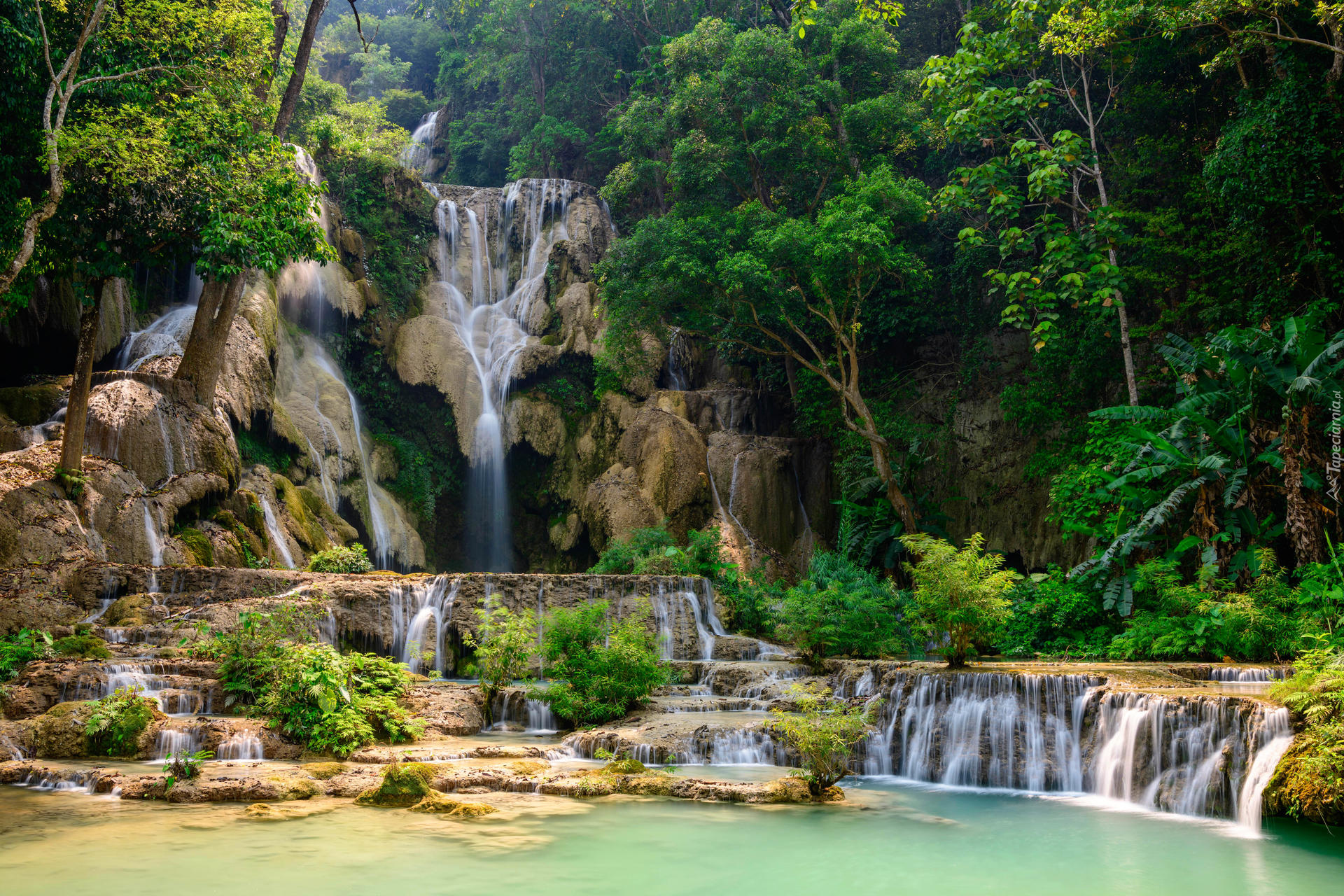 Wodospad Kuang Si, Las, Drzewa, Skały, Kaskada, Prowincja Louangphrabang, Laos