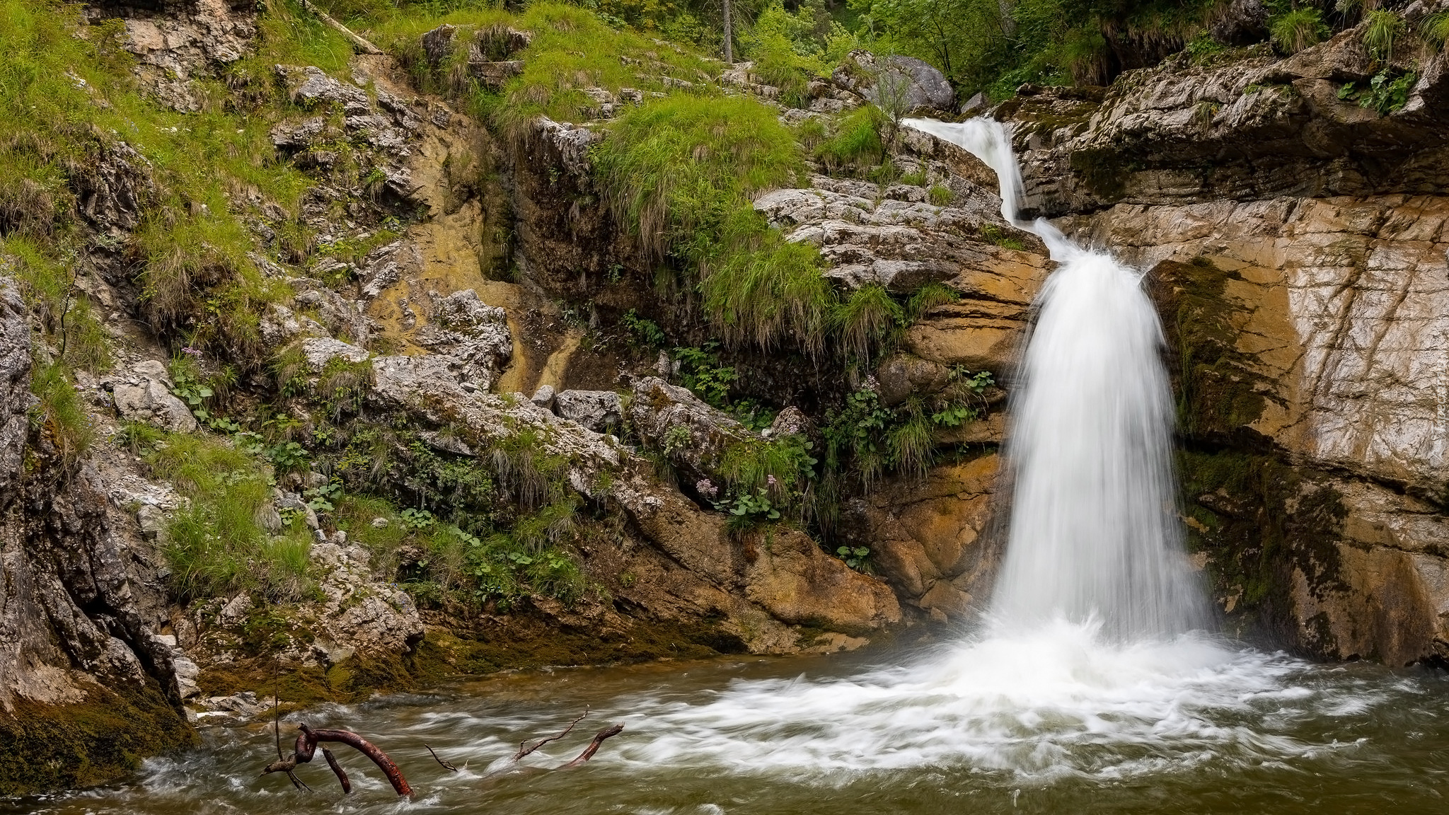 Wodospad, Kuhaway Waterfall, Bawaria, Niemcy, Skały, Rośliny