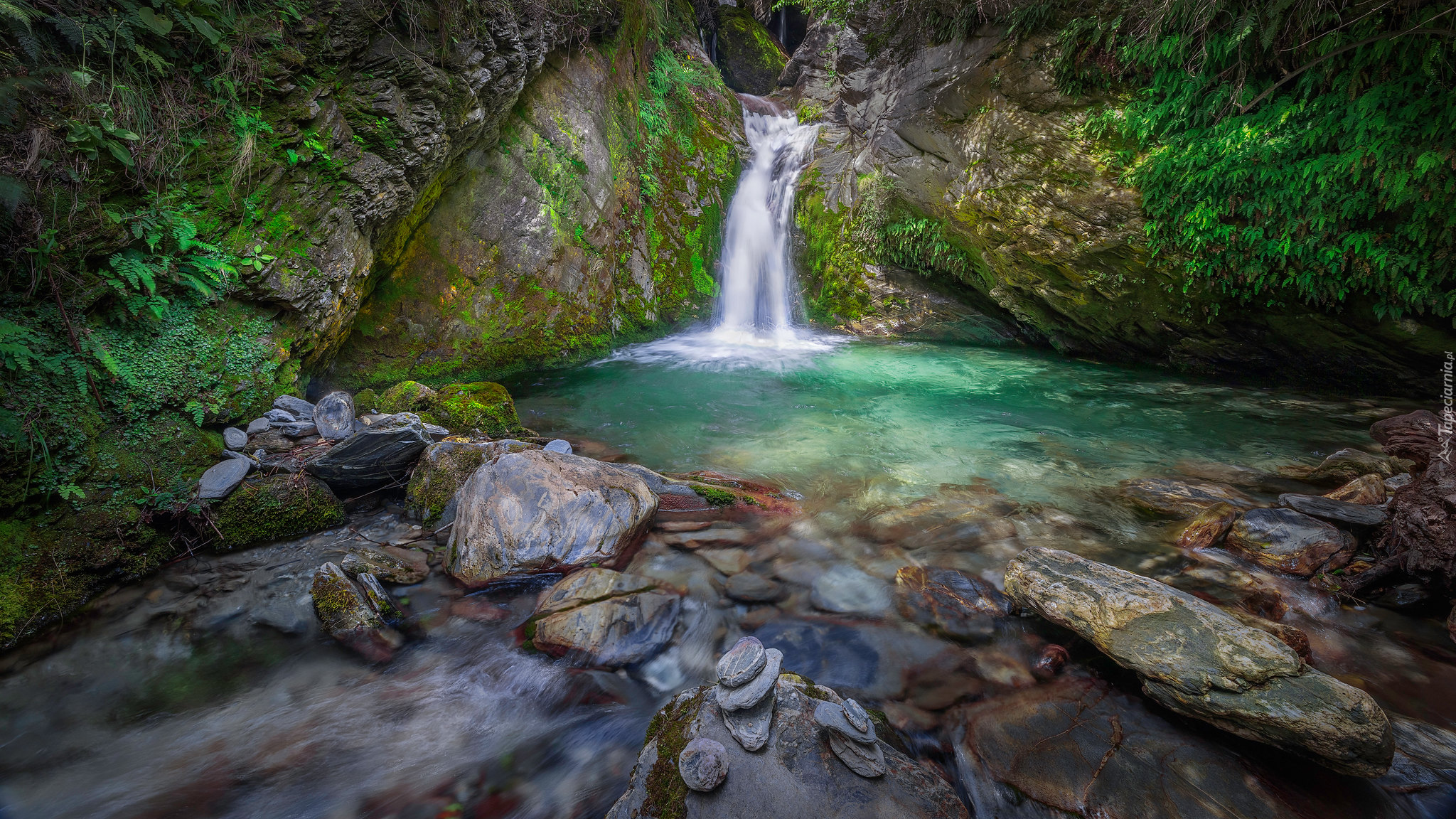 Nowa Zelandia, Queenstown, Glenorchy, Skały, Wodospad, Lake Face Creek Falls