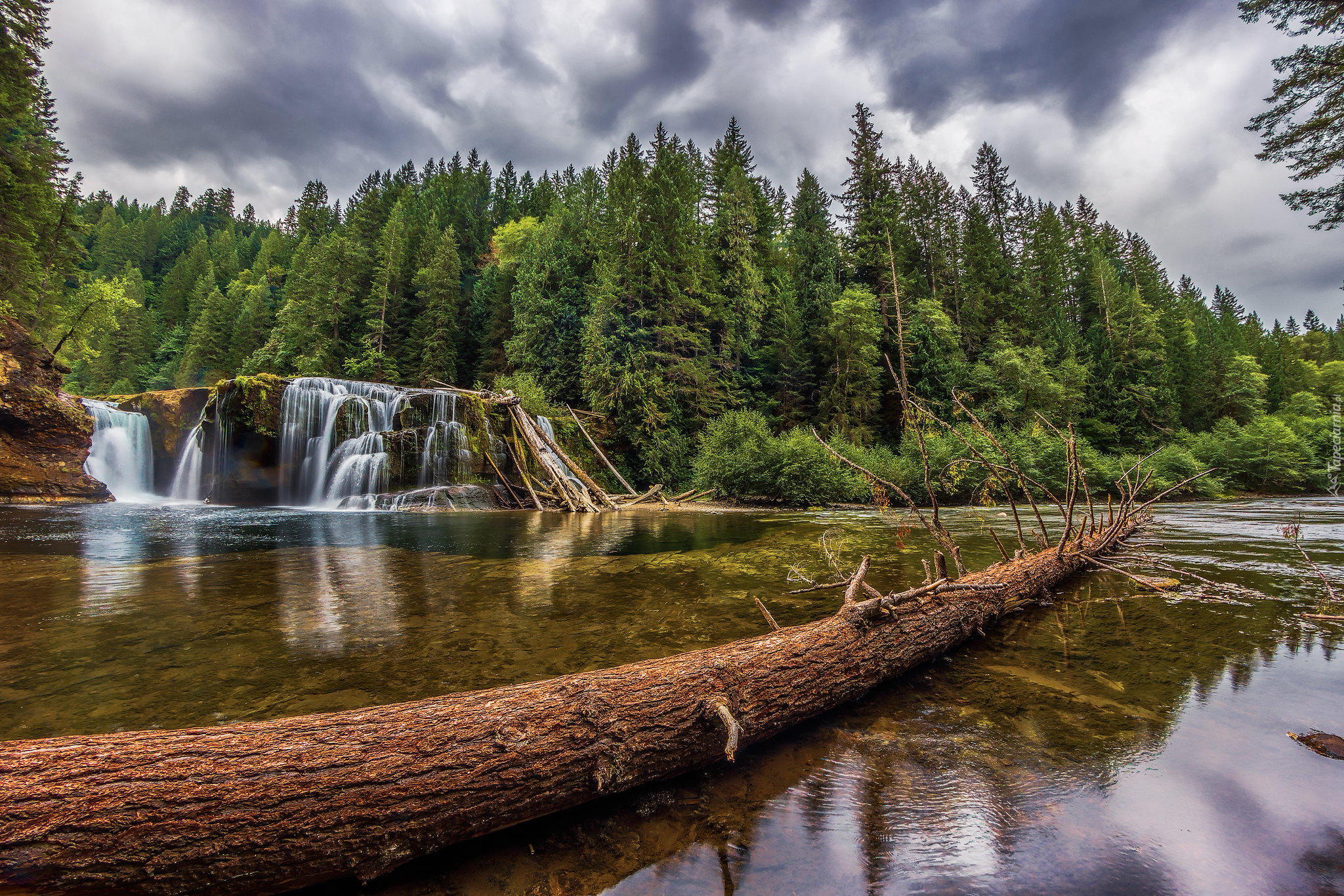 Rezerwat Gifford Pinchot, Rzeka Lewis River, Wodospad Lower Lewis River Falls, Drzewa, Las, Chmury, Stan Waszyngton, Stany Zjednoczone