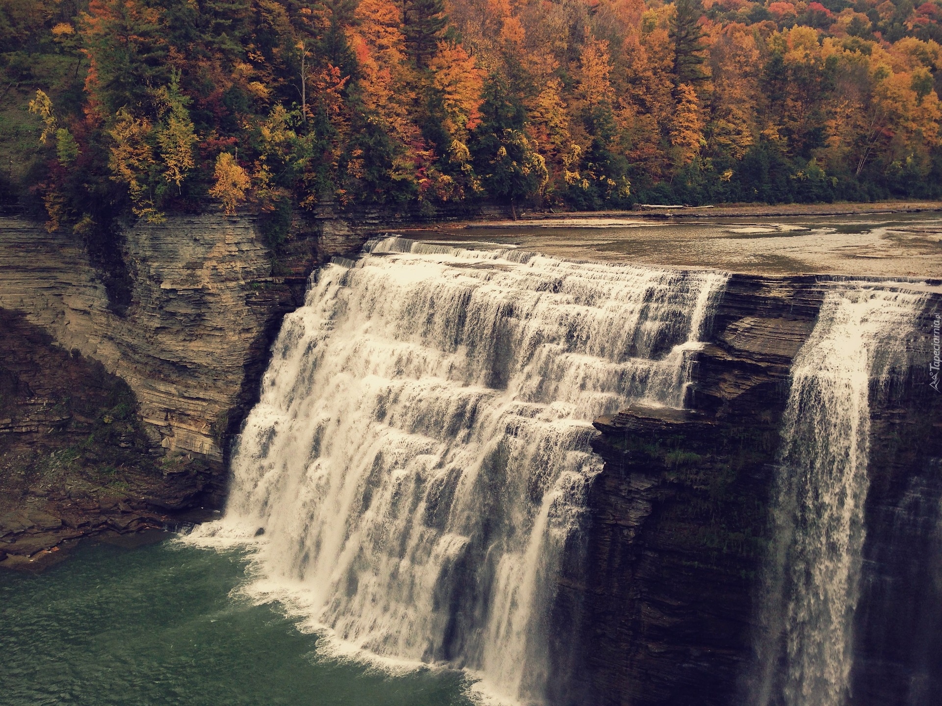 Wodospad, Middle Falls, Jesień, Las, Drzewa, Letchworth State Park, Nowy Jork, Stany Zjednoczone