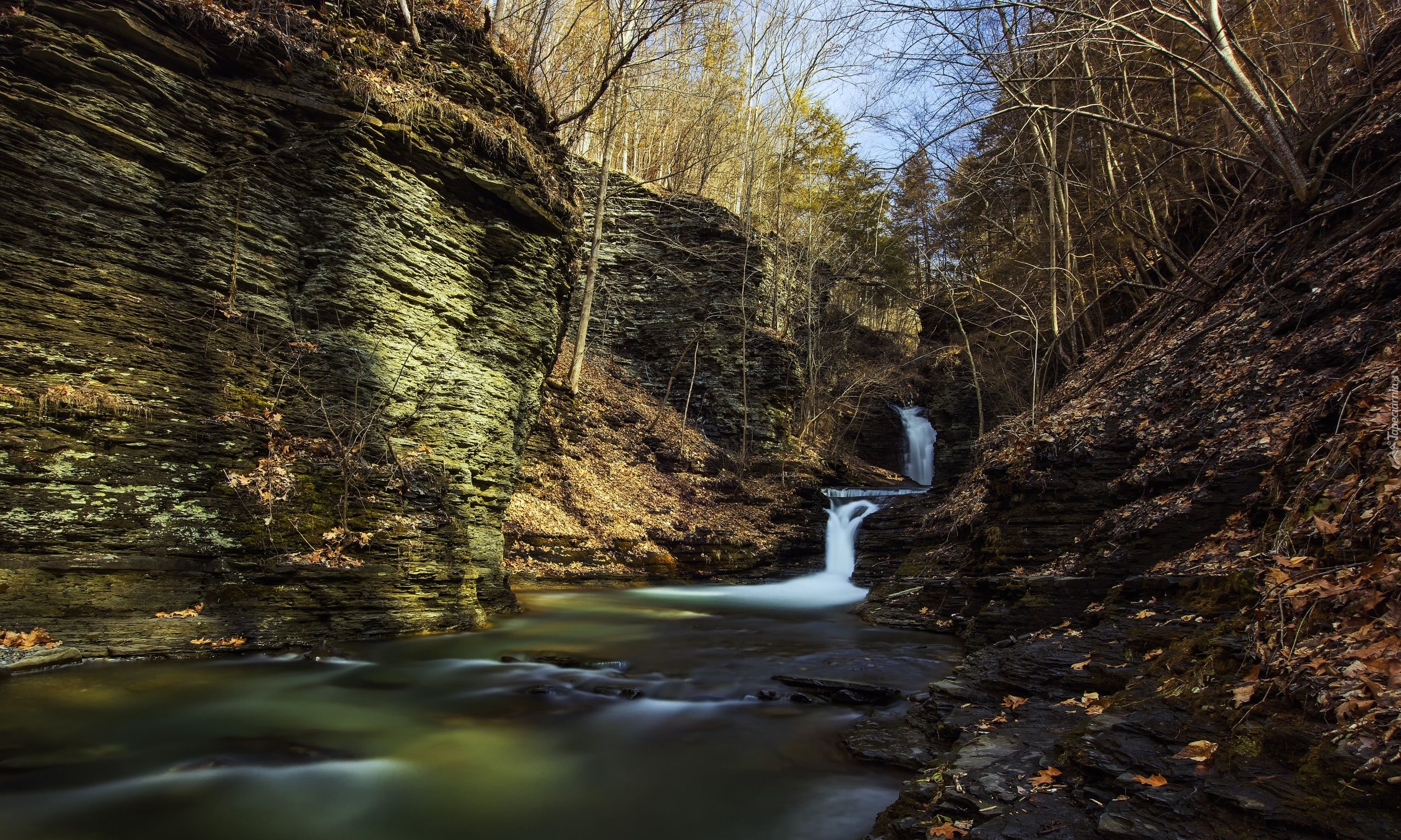 Stany Zjednoczone, Stan Nowy Jork, Havana Glen Park, Wodospad Montour, Skały, Kamienie, Drzewa