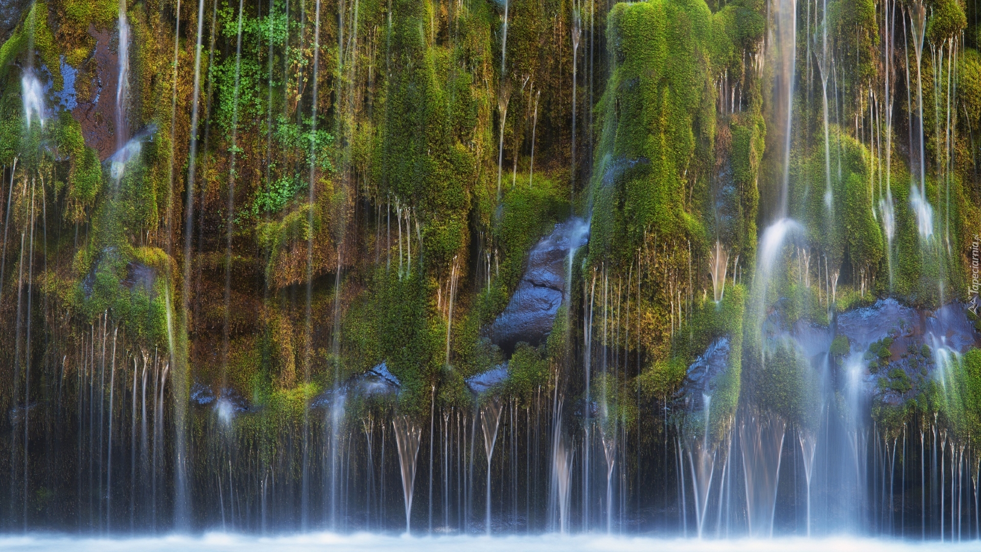 Skały, Omszałe, Kamienie, Zieleń, Wodospad Mossbrae Falls, 
Dunsmuir, Kalifornia, Stany Zjednoczone