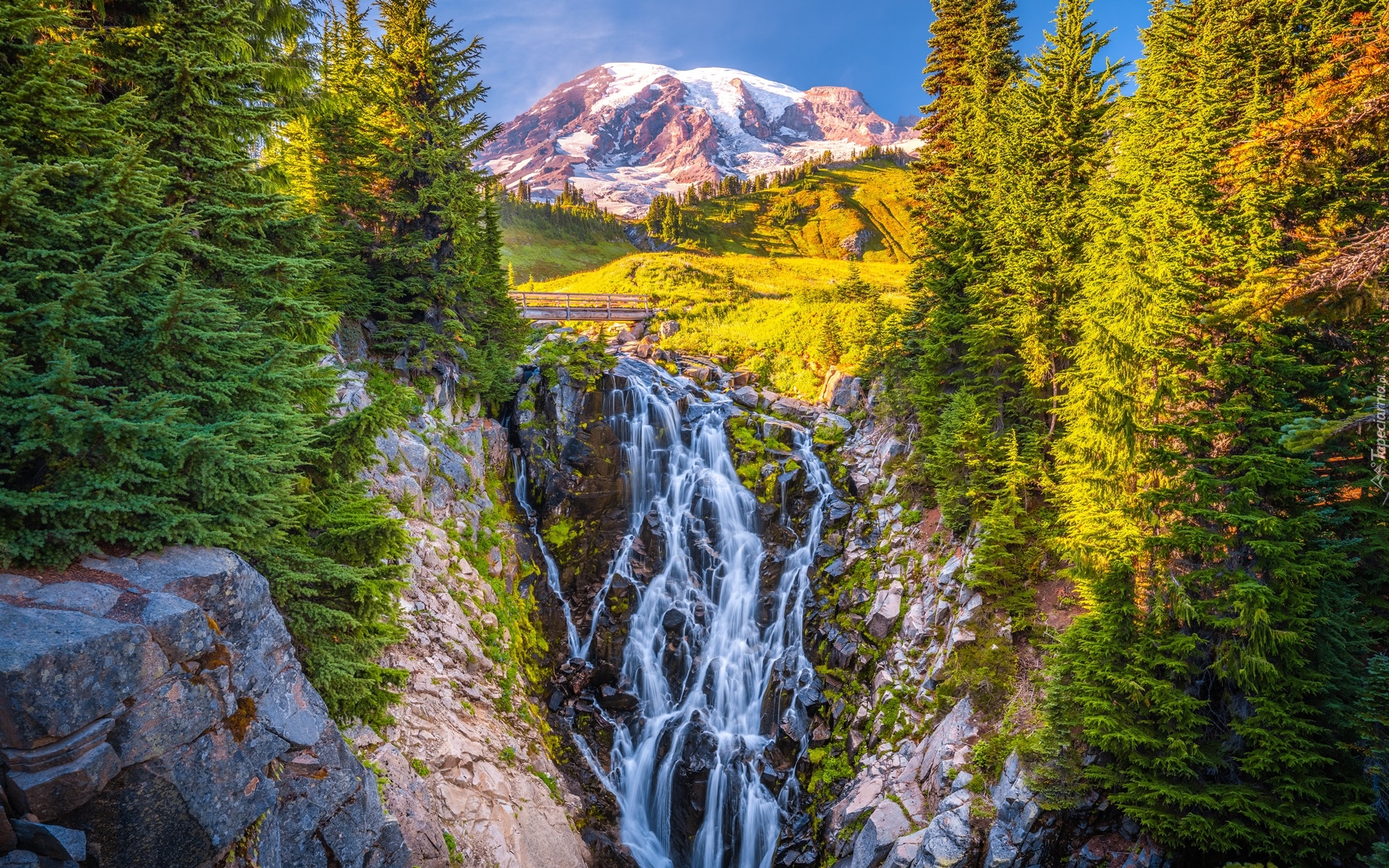 Park Narodowy Mount Rainier, Góry, Stratowulkan Mount Rainier, Wodospad, Myrtle Falls, Drzewa, Stan Waszyngton, Stany Zjednoczone