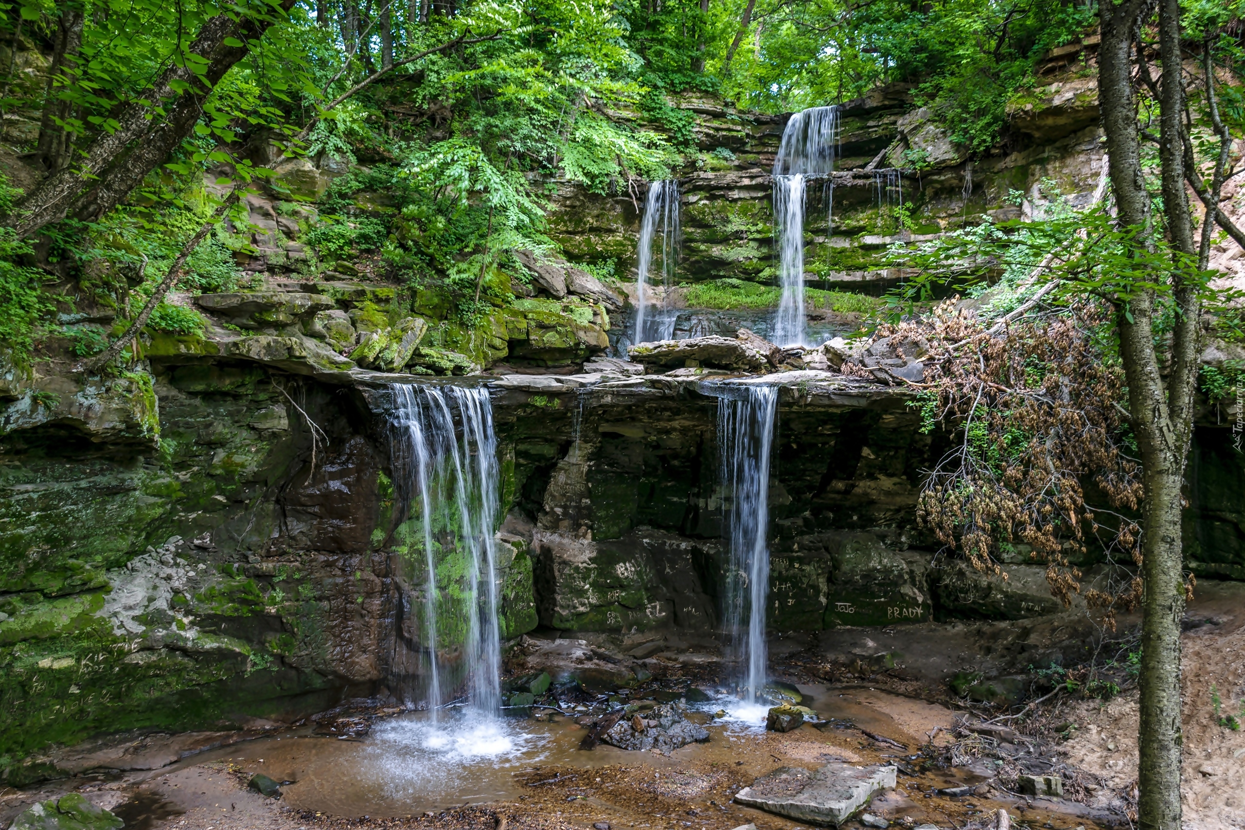 Stany Zjednoczone, Stan Minnesota, Park Triple Falls, Rzeka Blue Earth River, Wodospad, Skały, Las