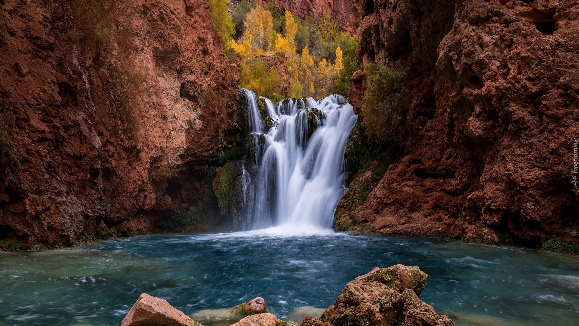 Stany Zjednoczone, Arizona, Park Narodowy Wielkiego Kanionu, Grand Canyon, Havasupai Indian Reservation, Skały, Wodospad, Rzeka, Drzewa