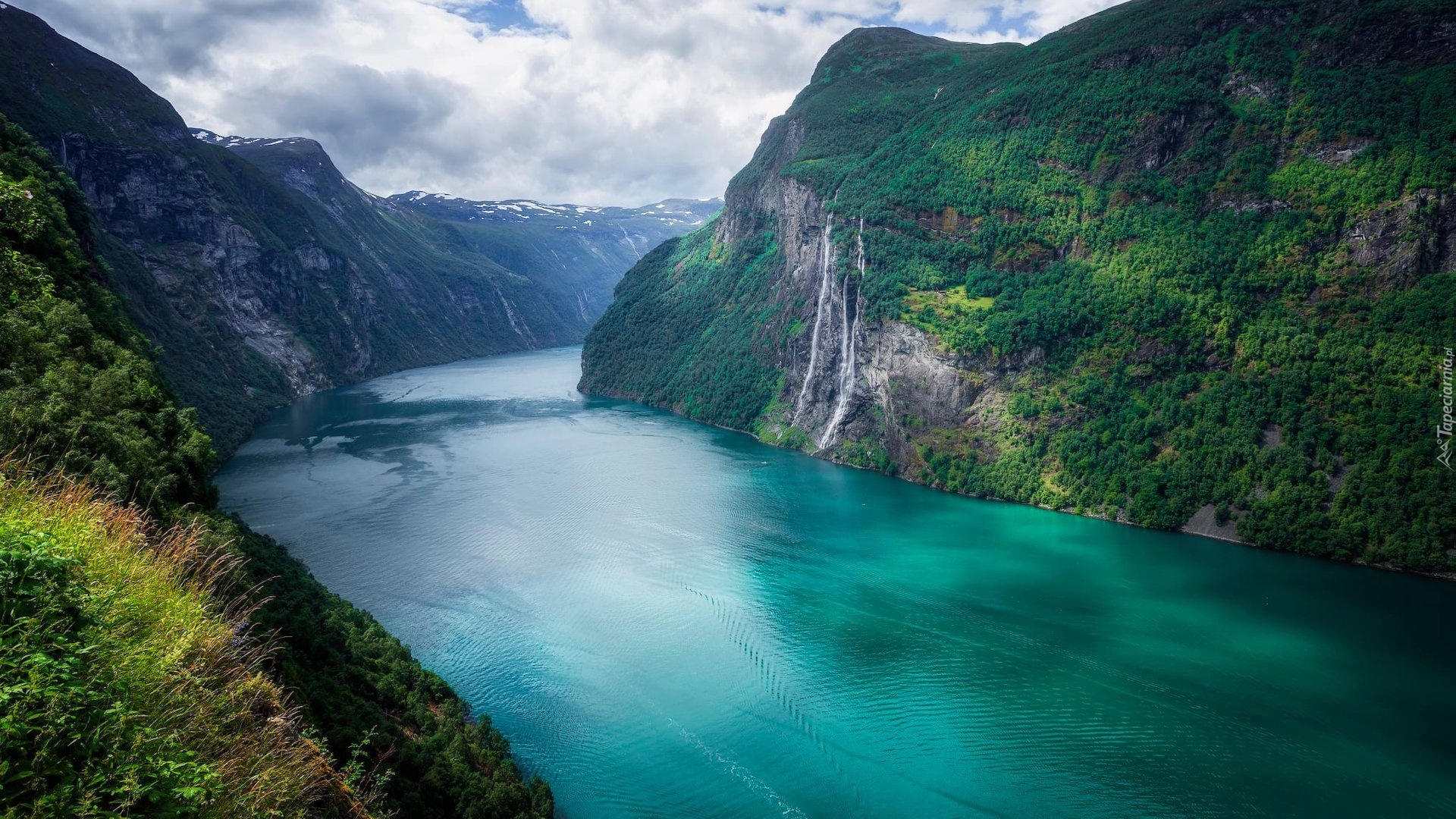 Norwegia, Góry, Fiord, Geirangerfjord, Wodospad, Lasy