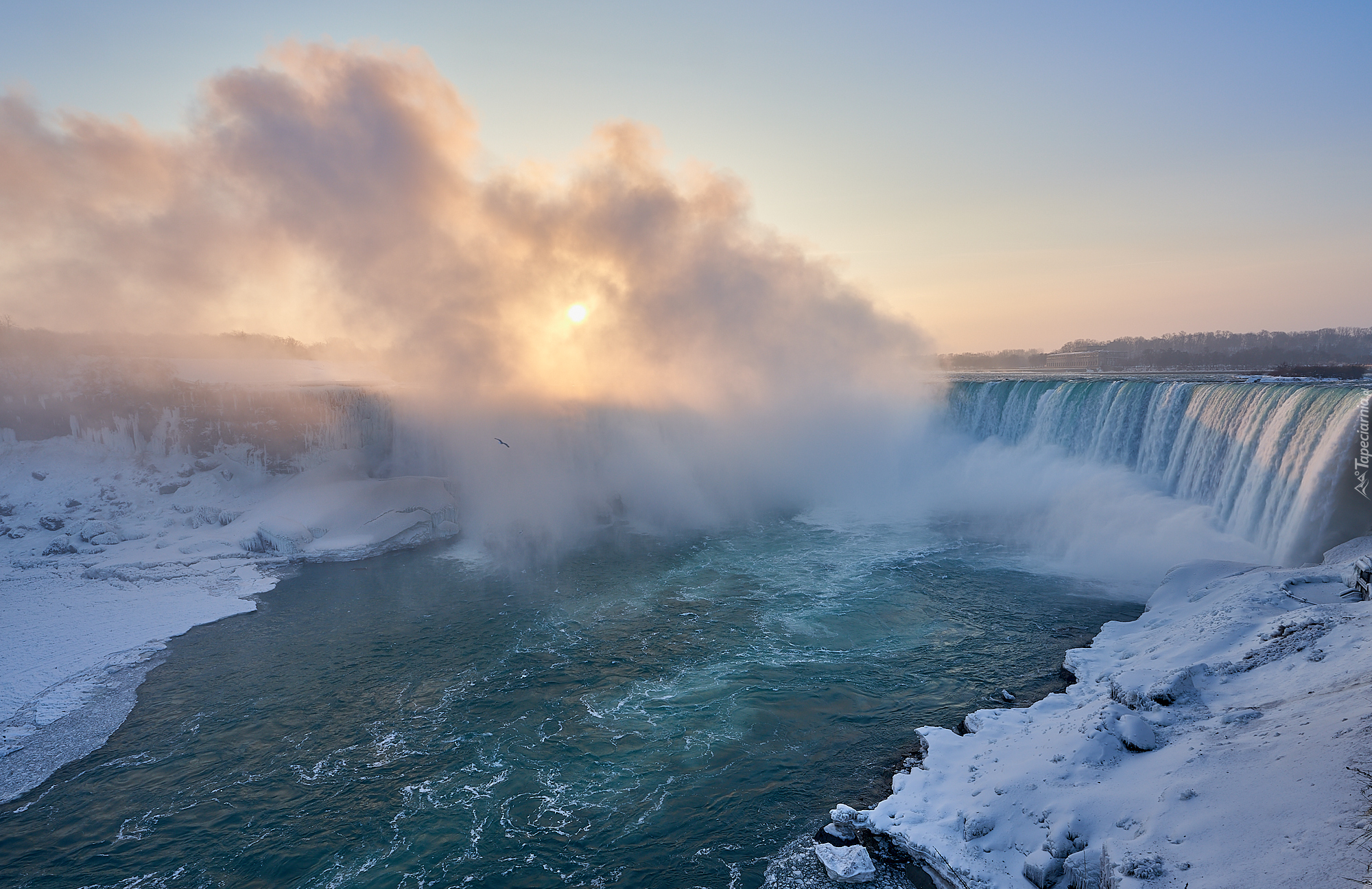 Zima, Wschód słońca, Chmury, Wodospad Niagara, Prowincja Ontario, Kanada