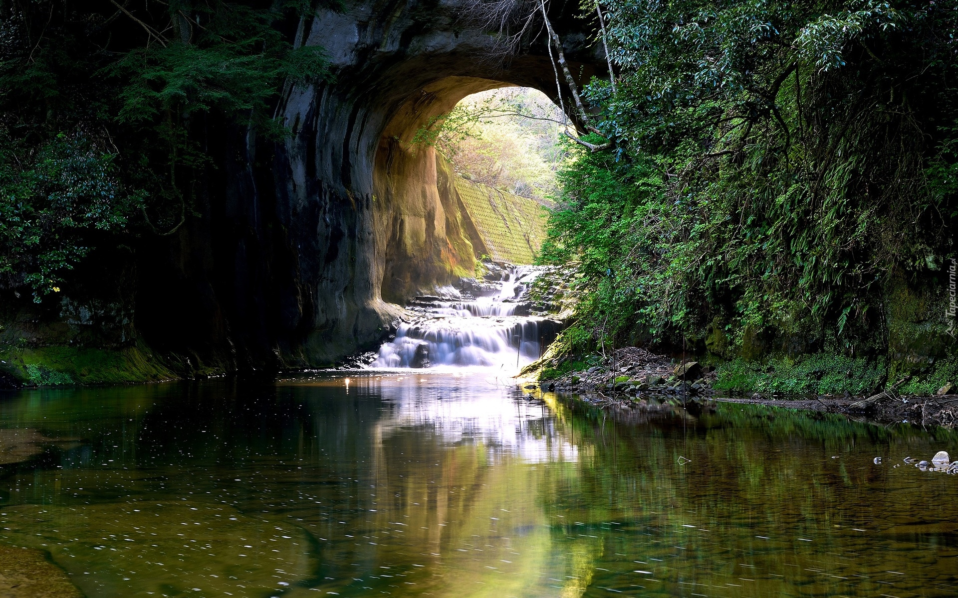 Jaskinia, Kameiwa Cave, Rzeka, Drzewa, Wodospad, Nomizo Falls, Park Shimizu Keiryu, Chiba, Japonia