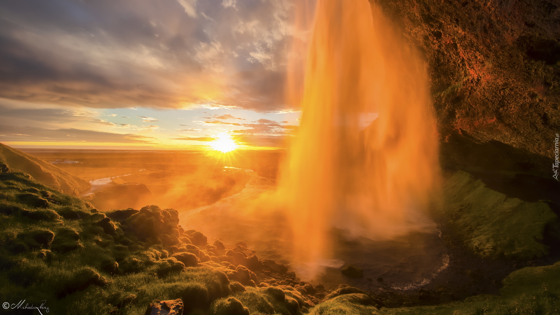 Skały, Wodospad Seljalandsfoss, Zachód słońca, Rzeka Seljalandsa, Islandia