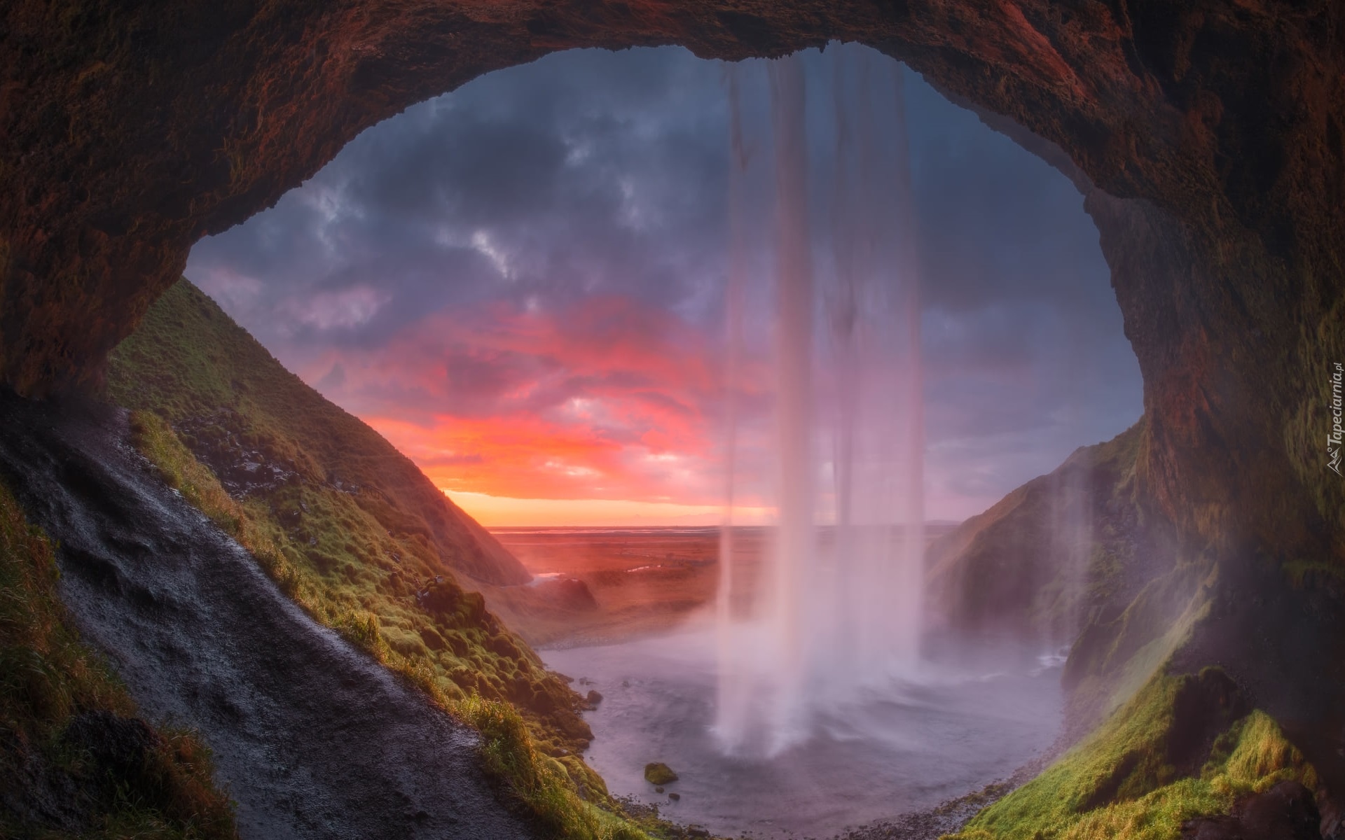 Islandia, Skały, Wodospad Seljalandsfoss, Zachód słońca, Chmury