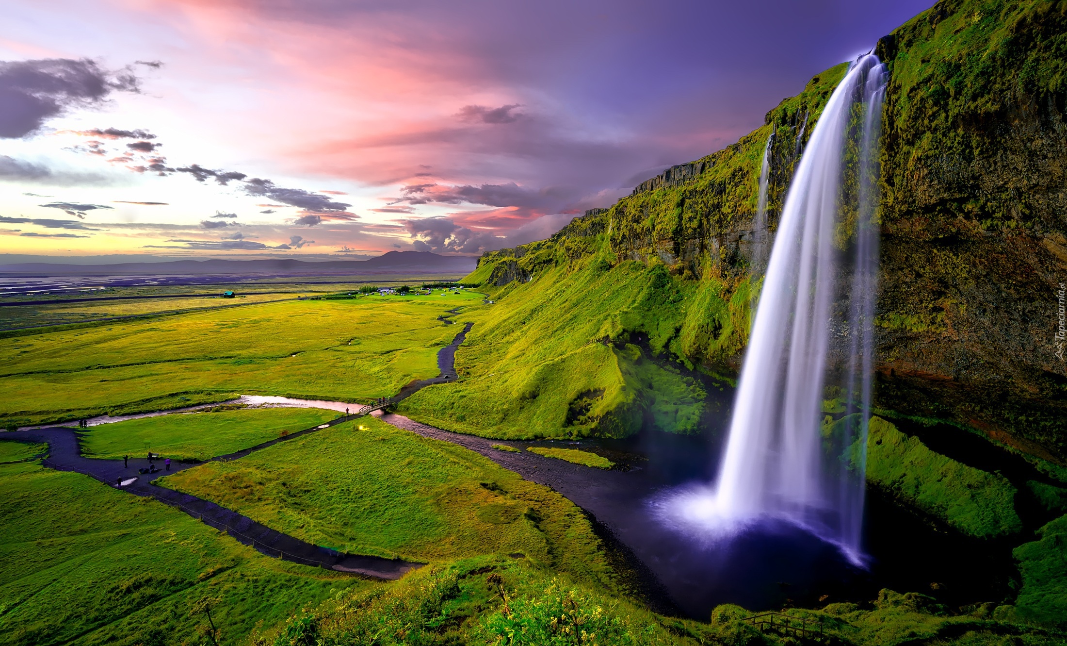 Islandia, Wodospad Seljalandsfoss, Klif, Zachód słońca, Roślinność