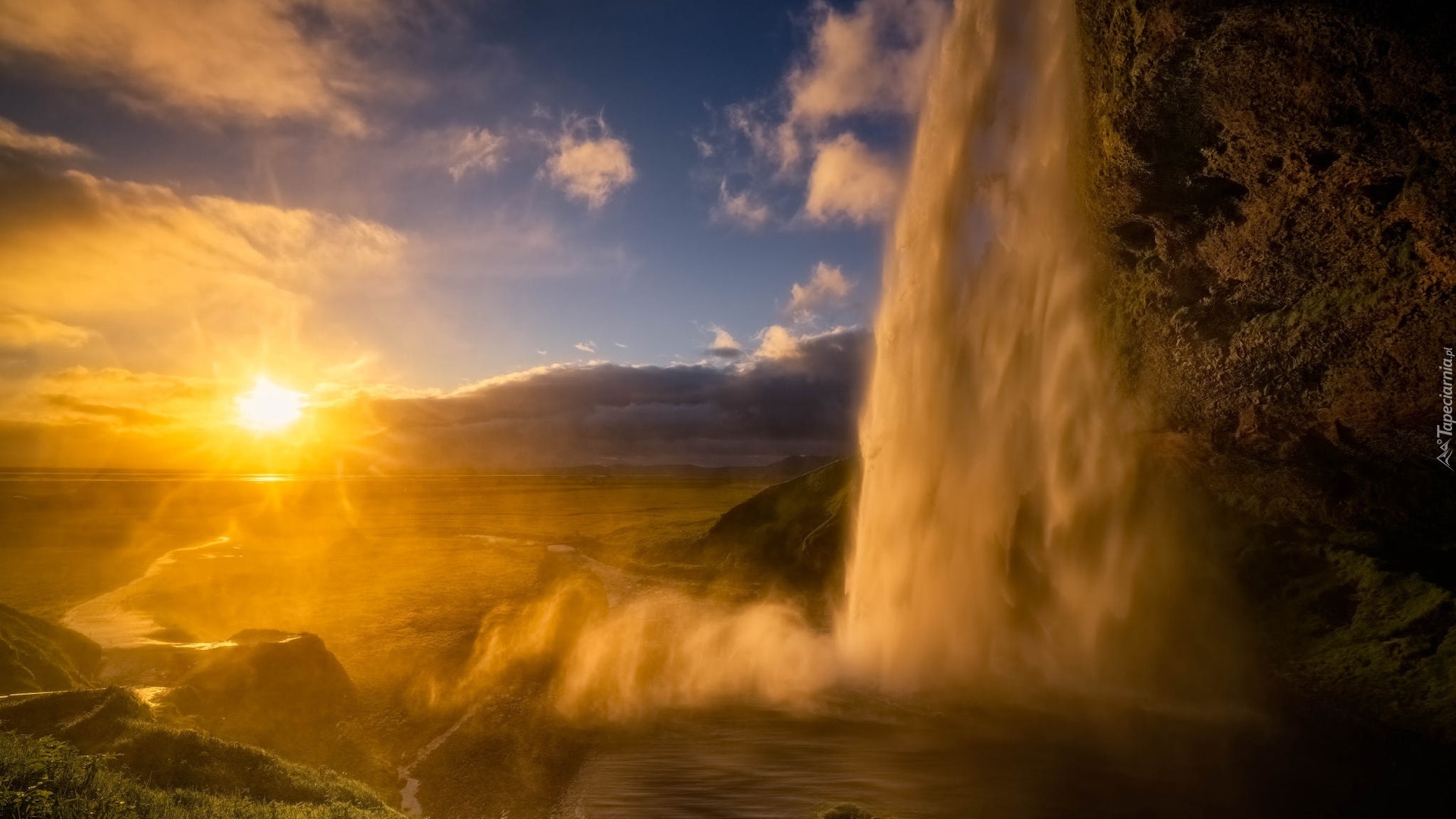 Islandia, Wodospad Seljalandsfoss, Promienie słońca