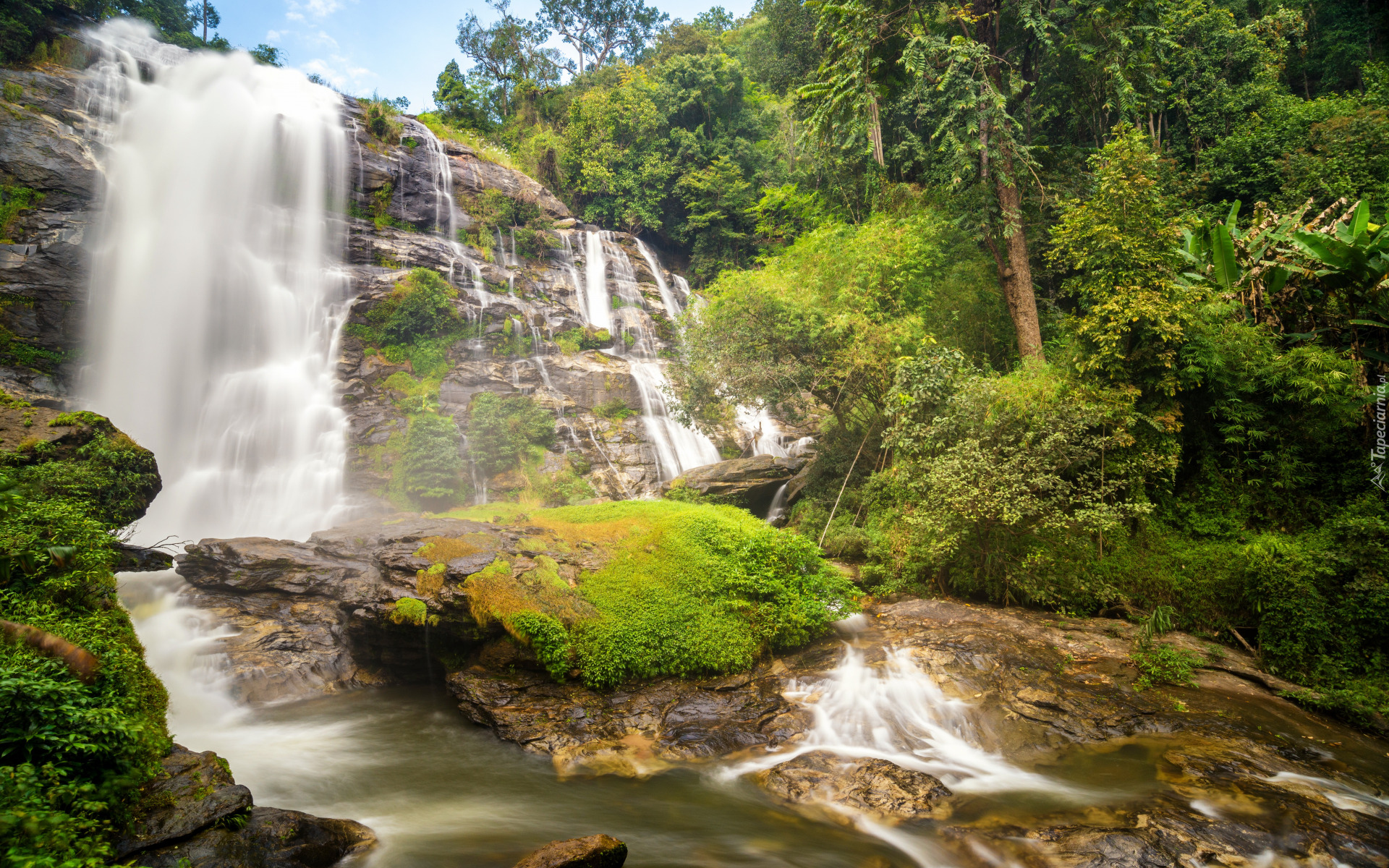 Las, Drzewa, Wodospad, Sirithan Waterfall, Skały, Park Narodowy 
Doi Inthanon, Chiang Mai, Tajlandia