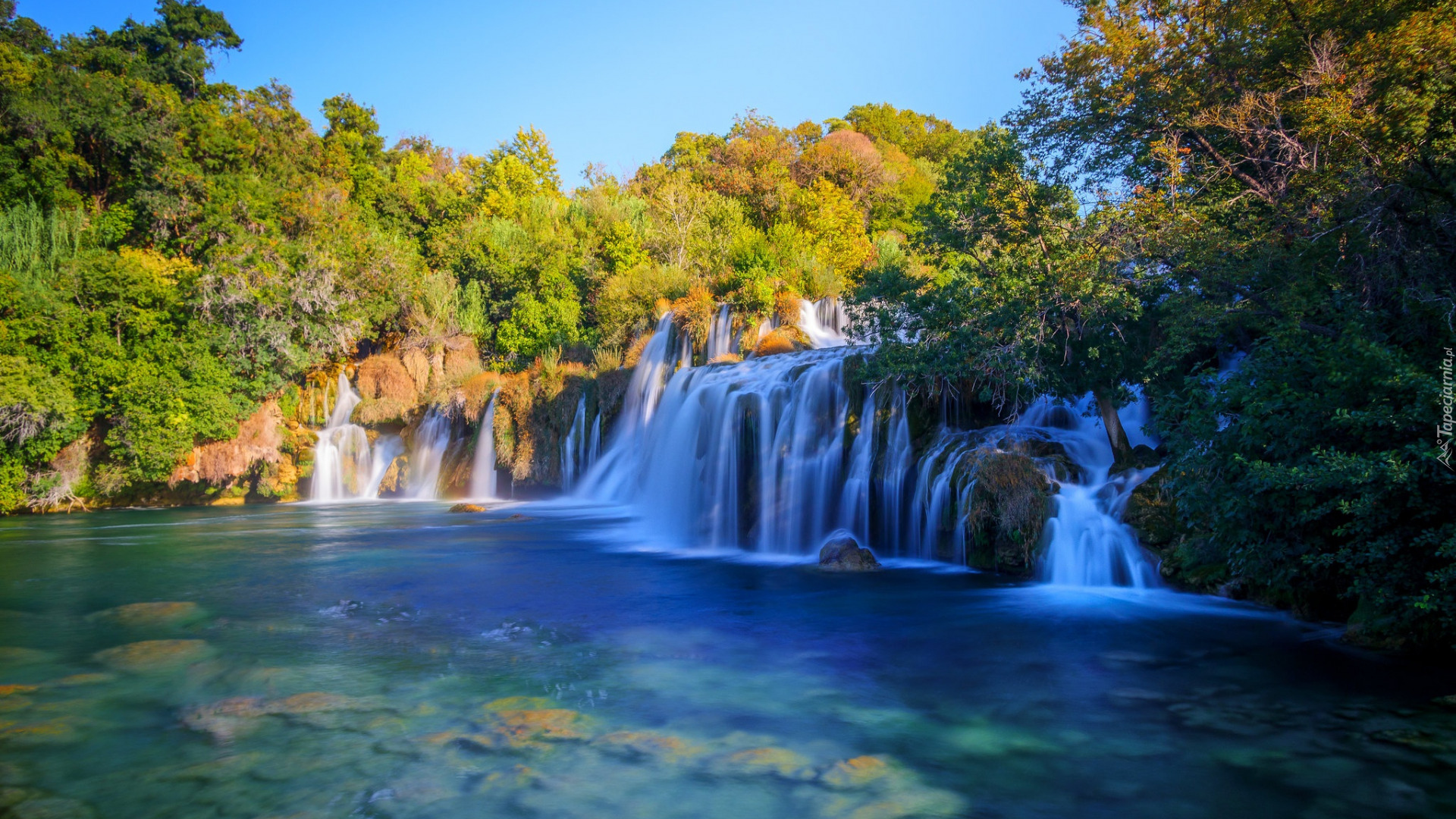 Park Narodowy Krka, Wodospad, Skradinski Buk waterfall, Drzewa, Promienie słońca, Lozovac, Chorwacja