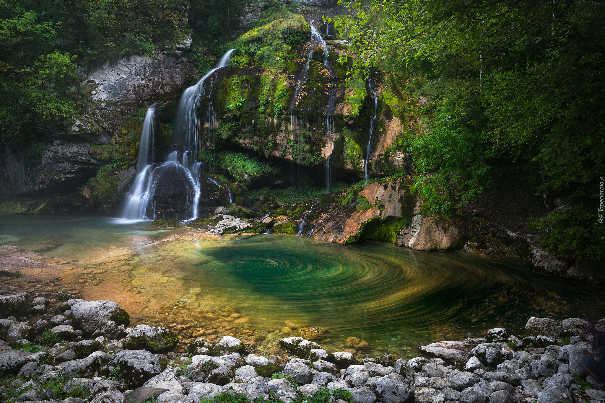 Wodospad Slap Virje, Las, Rzeka Gljun, Skała, Kamienie, Pluźna, Słowenia