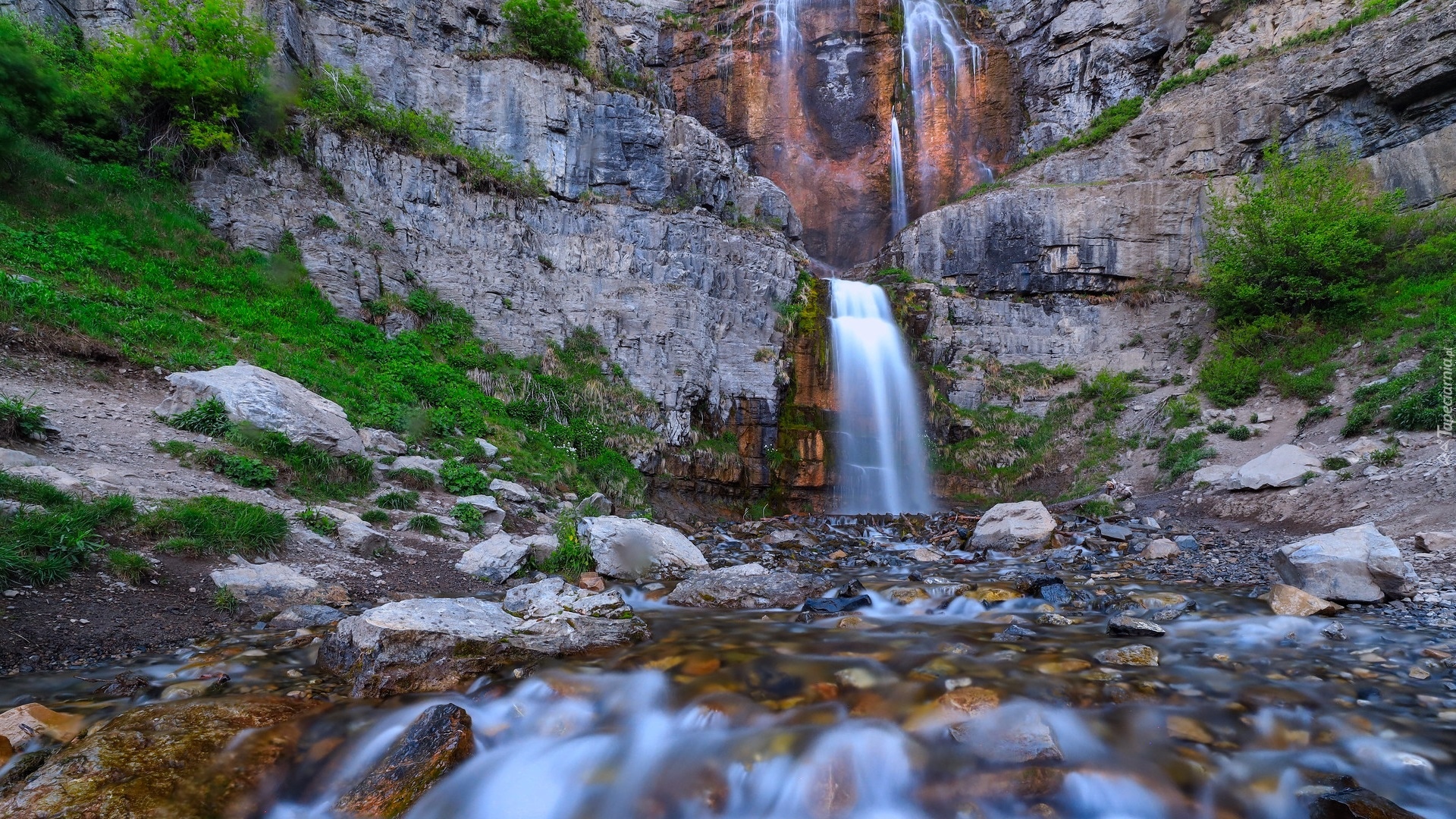 Skały, Wodospad, Stewarts Cascades Falls, Rzeka, Rośliny, Utah, Stany Zjednoczone