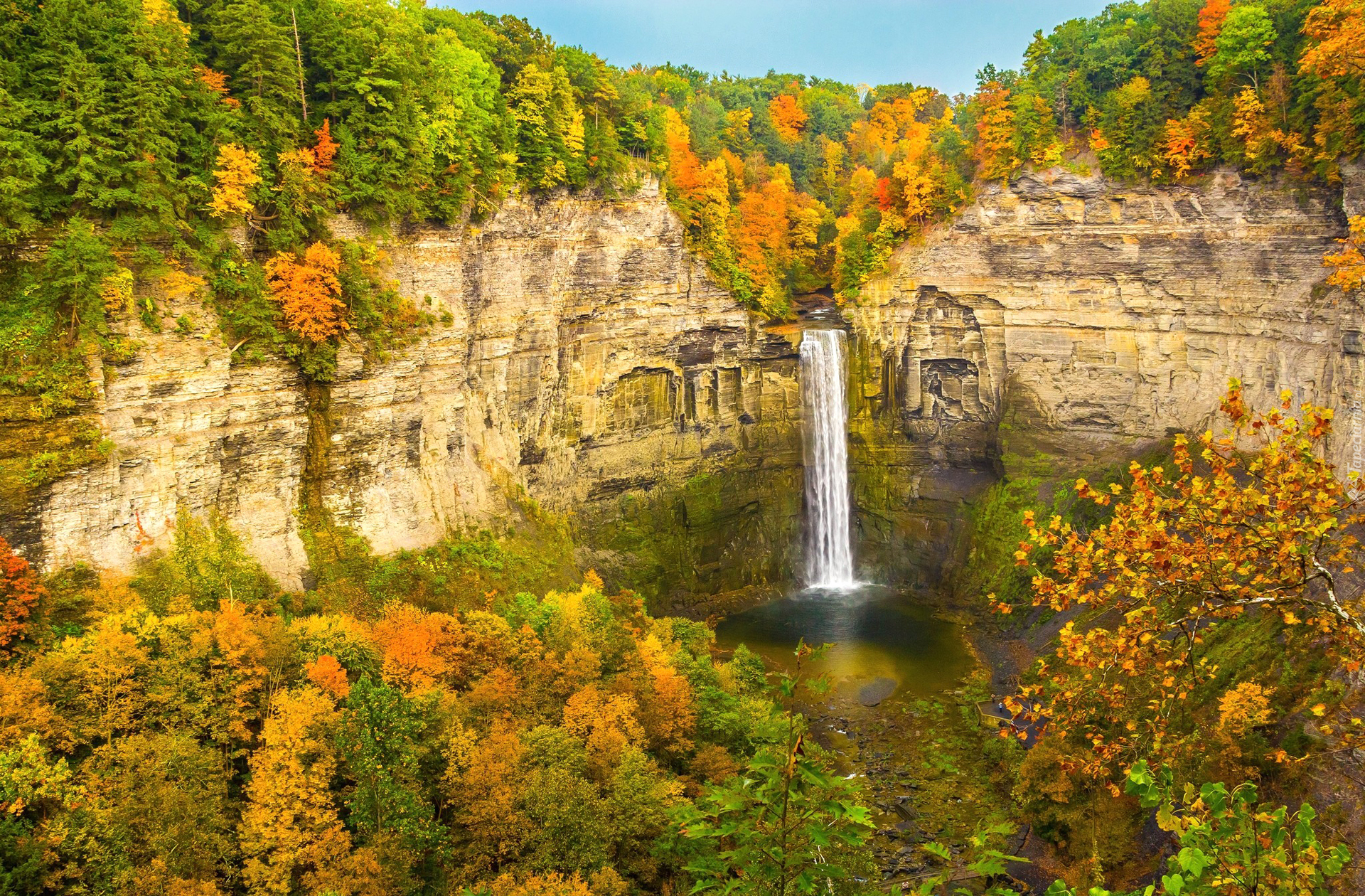 Jesień, Drzewa, Wodospad, Taughannock Falls, Skały, Stan Nowy Jork, Stany Zjednoczone