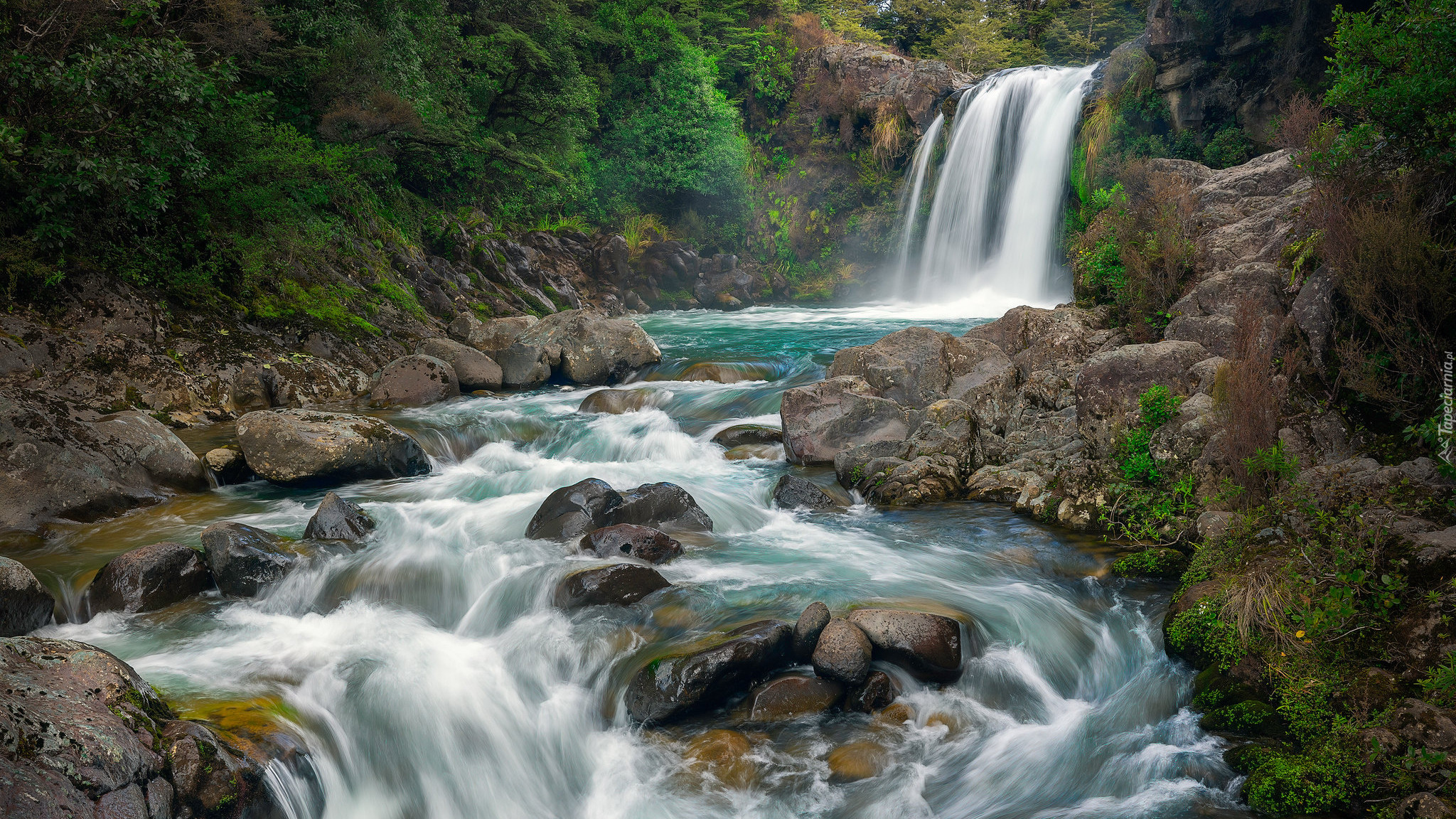 Wodospad, Tawhai Falls Rzeka, Skały, Rośliny, Kamienie, Park Narodowy Tongariro, Nowa Zelandia