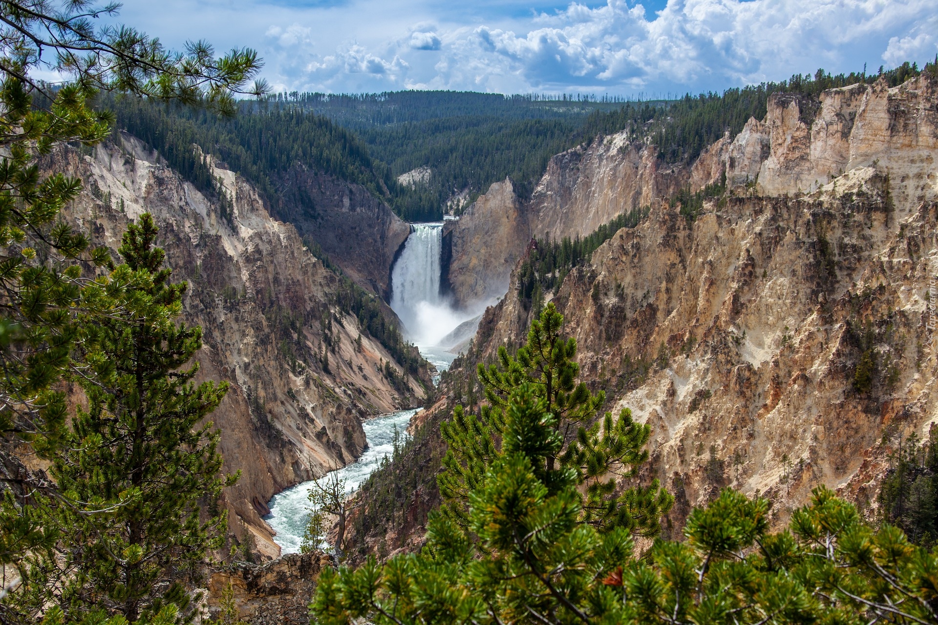 Górny, Wodospad, Upper Yellowstone River Falls, Drzewa, Góry, Rzeka Yellowstone, Park Narodowy Yellowstone, Drzewa, Stan Wyoming, Stany Zjednoczone