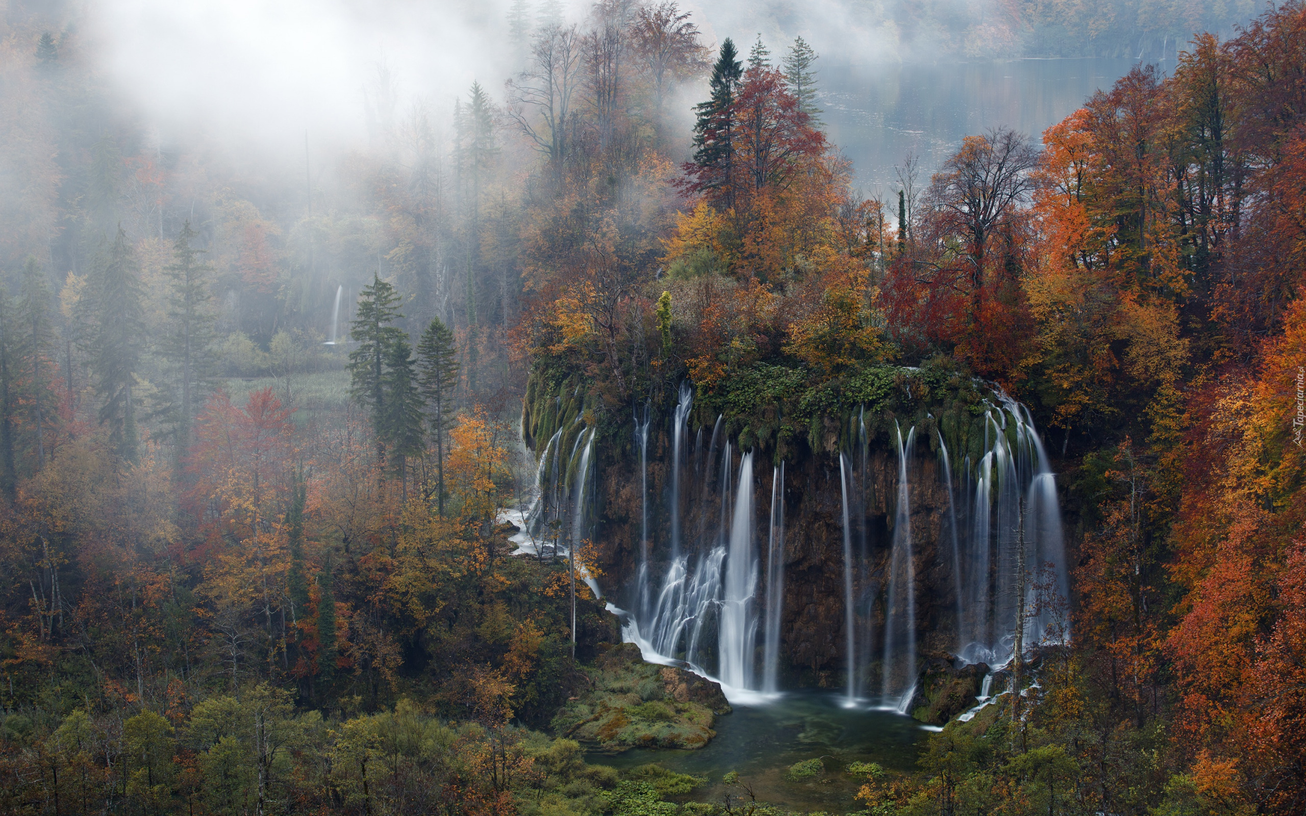 Park Narodowy Jezior Plitwickich, Plitwice, Chorwacja, Wodospad, Las, Jezioro, Jesień