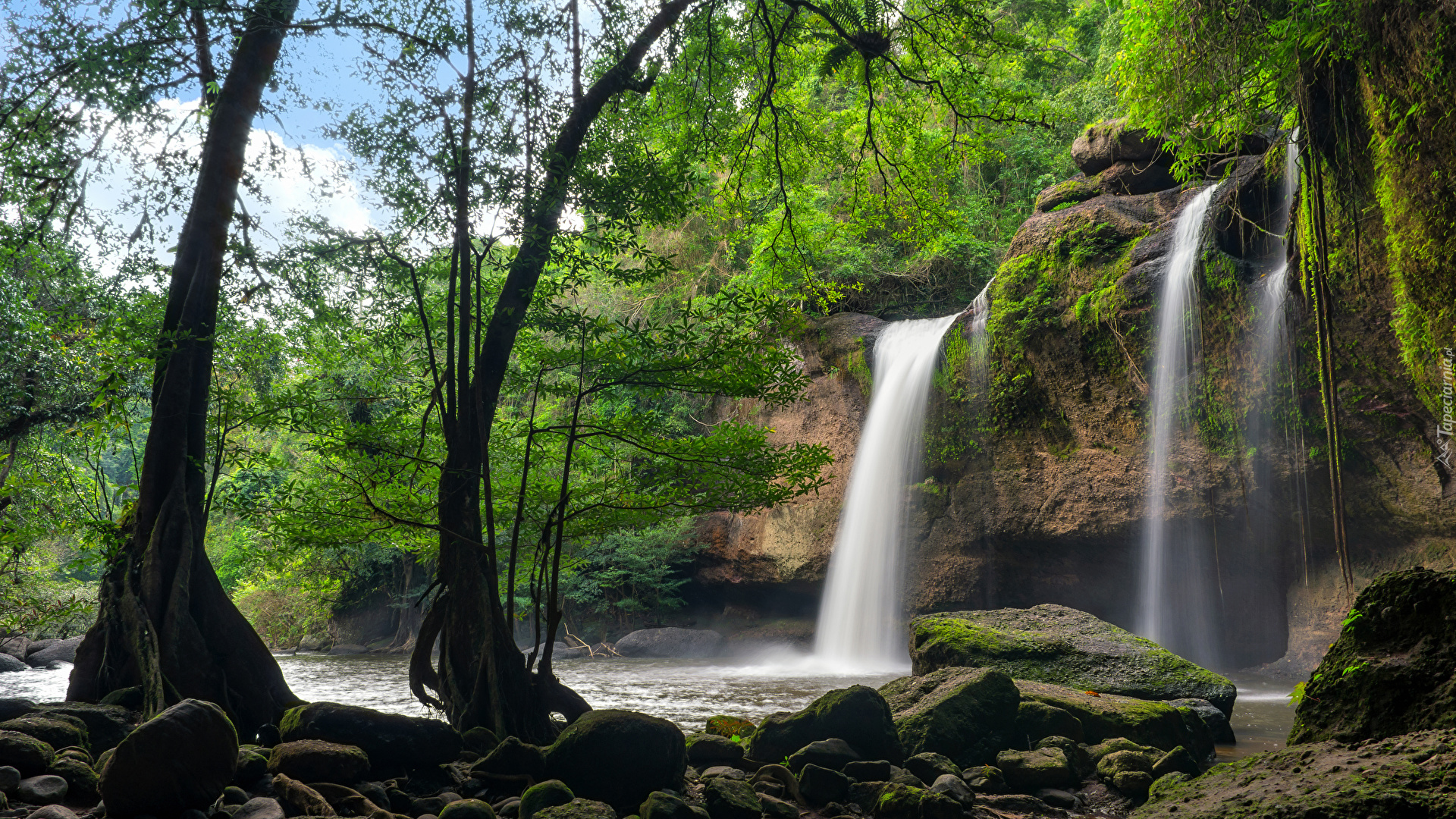 Wodospad Haew Suwat, Park Narodowy Khau Yai, Omszałe, Kamienie, Drzewa, Tajlandia