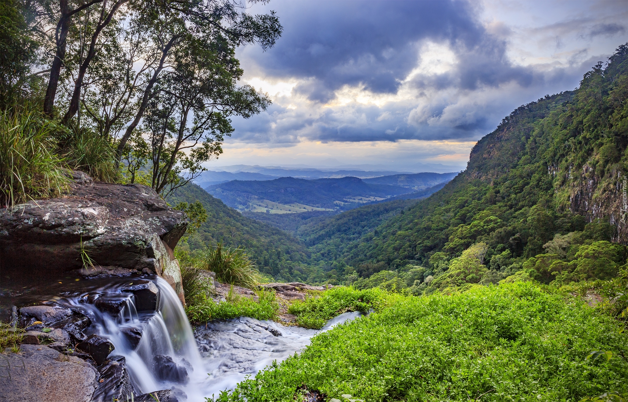 Australia, Queensland, Park Narodowy Lamington, Góry, Wzgórze O Reilly, Wodospad Morans Falls, Drzewa, Chmury