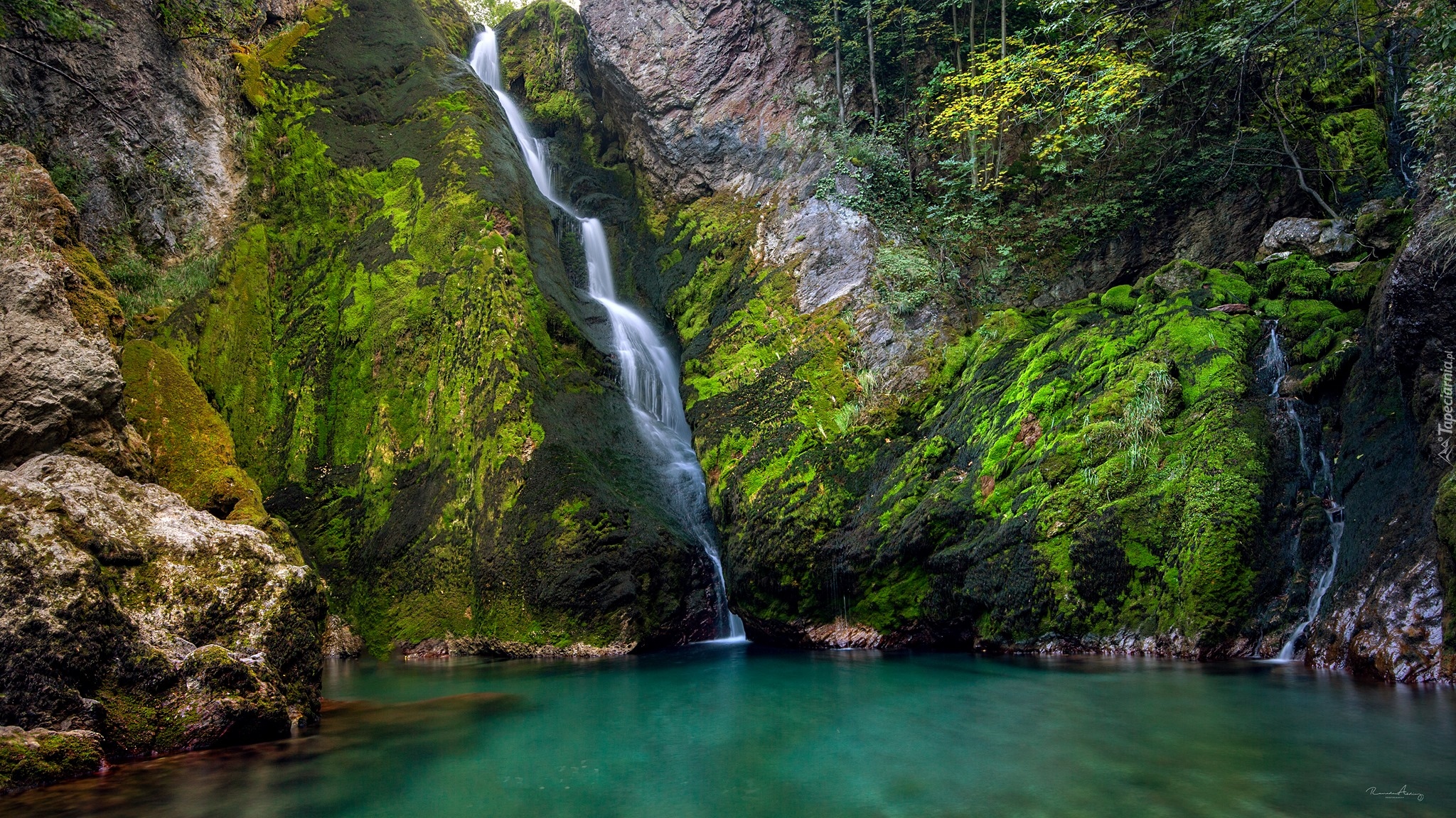 Kosowo, Wodospad, White Drin Waterfall, Skały, Roślinność