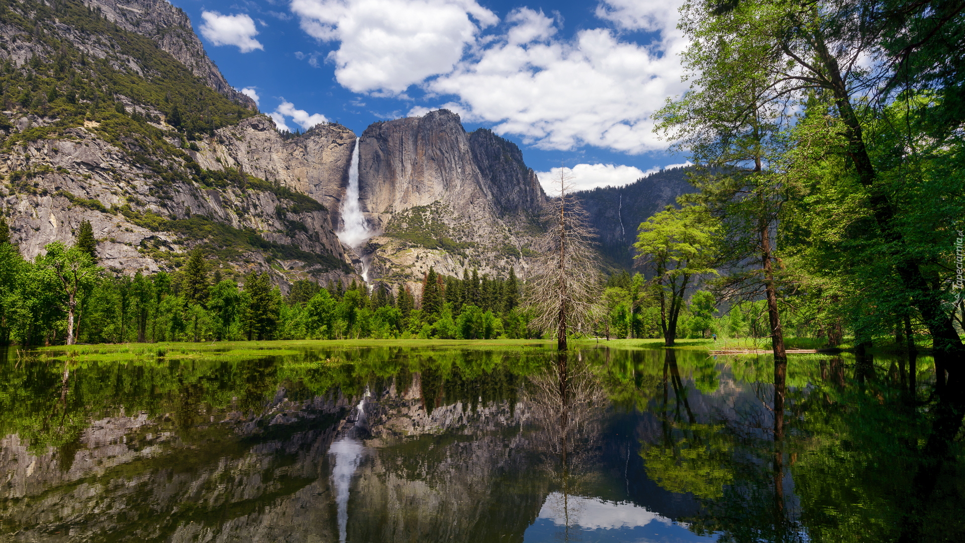 Park Narodowy Yosemite, Góry, Sierra Nevada, Wodospad Yosemite, Zielone, Drzewa, Rzeka, Kalifornia, Stany Zjednoczone