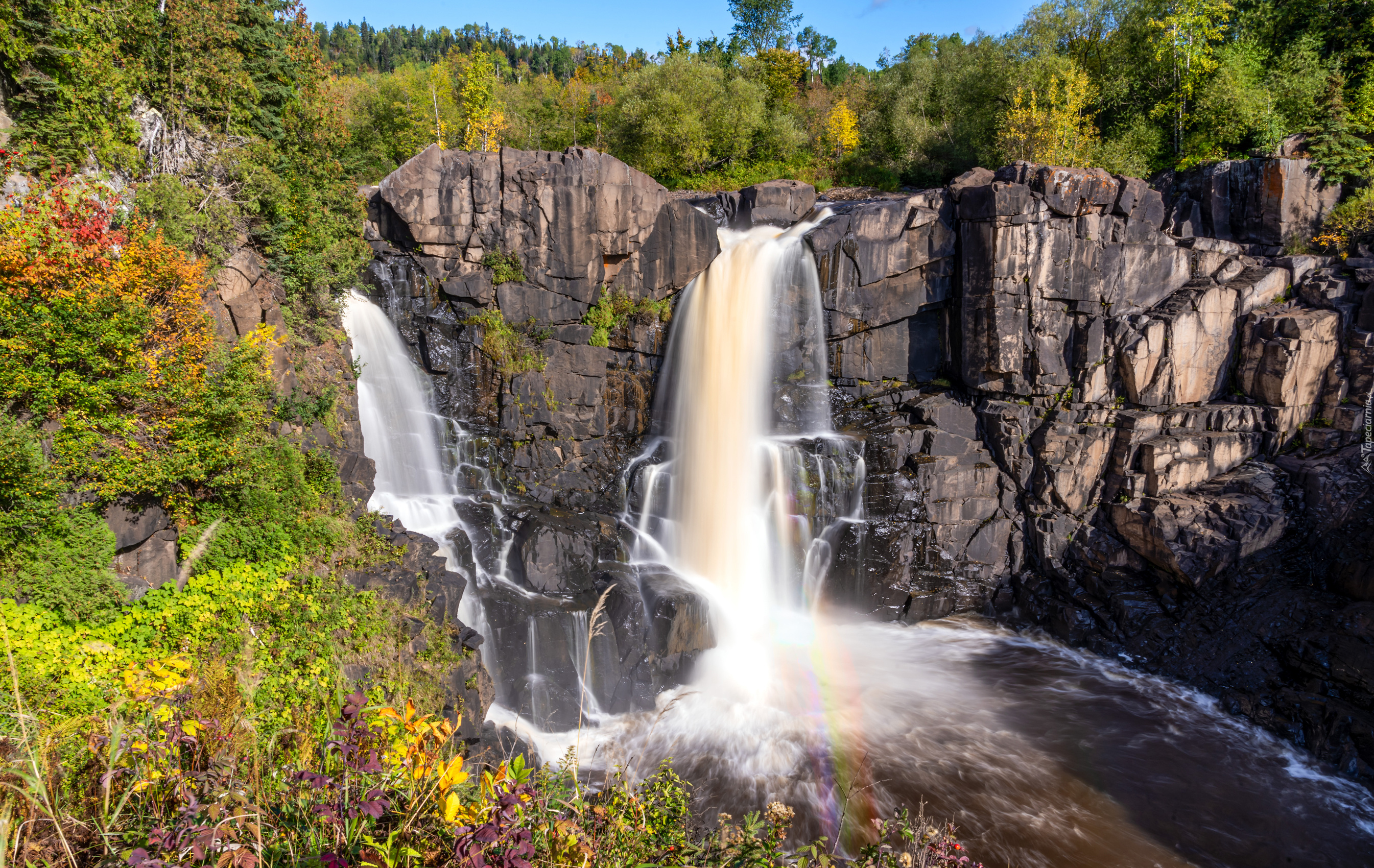 Wodospad, Skały, High Falls of the Pigeon River, Rzeka Pigeon River, Drzewa, Park stanowy Grand Portage, Stan Minnesota, Stany Zjednoczone