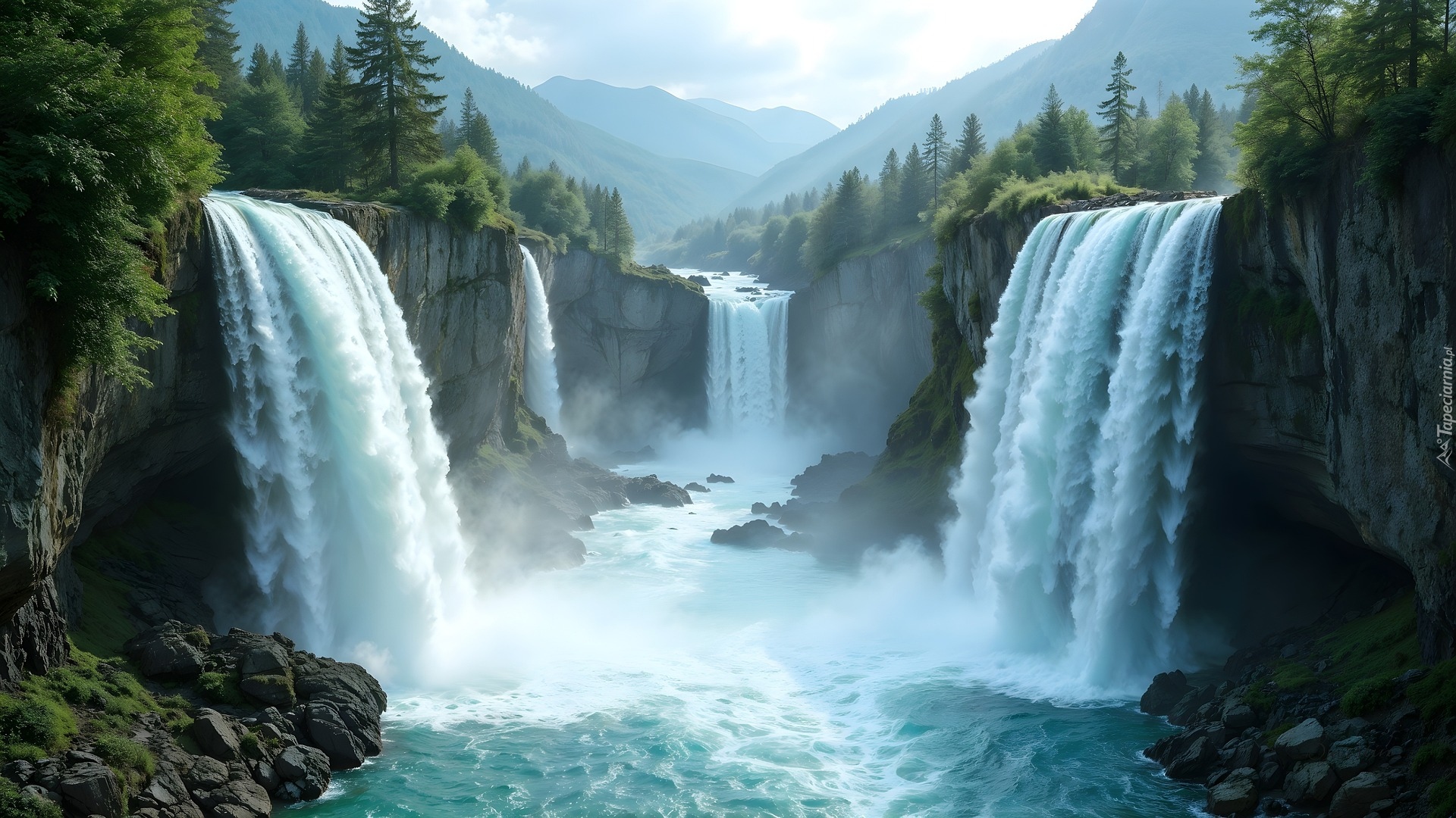 Góry, Rzeka, Wodospady, Skały, AI